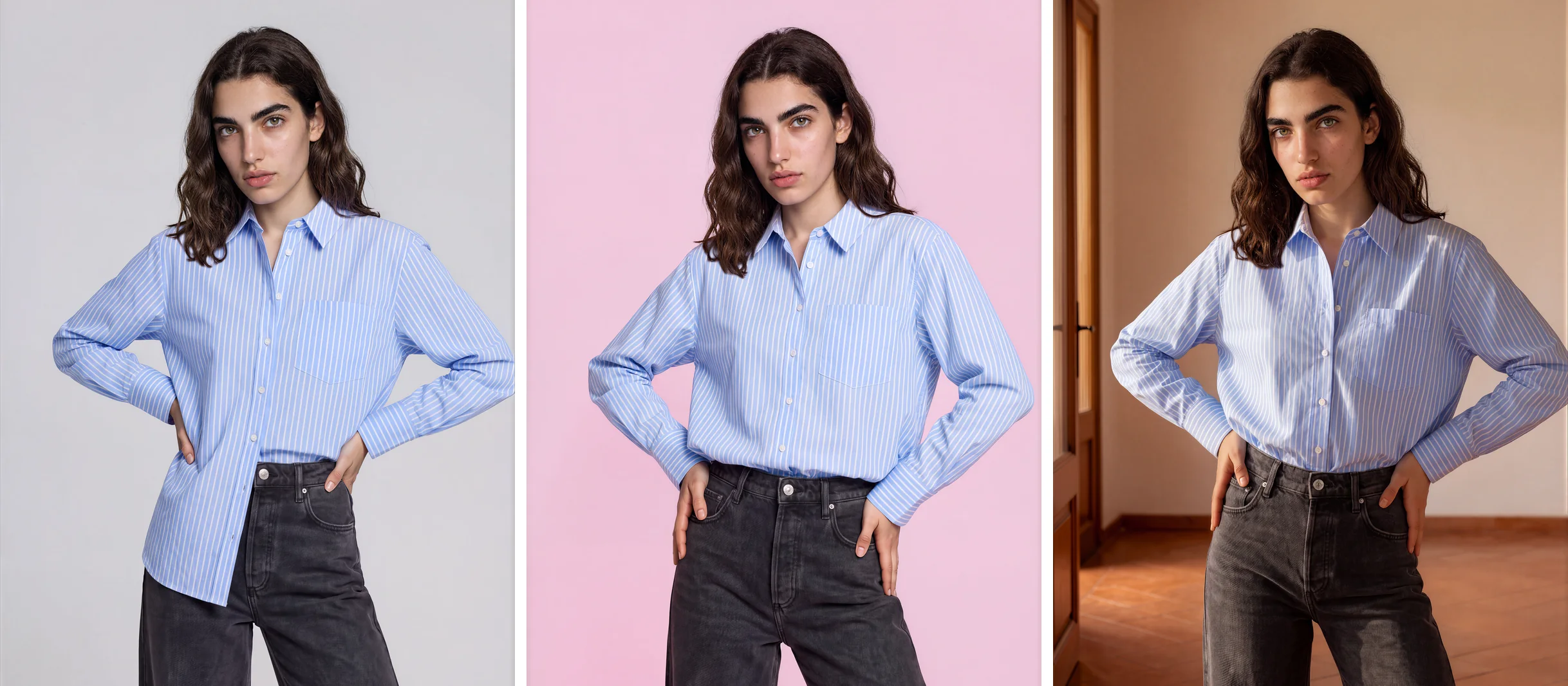 The same AI fashion model in a pale blue striped shirt shown on a clean light studio backdrop, a bold pink backdrop and in a warm terracotta-toned room
