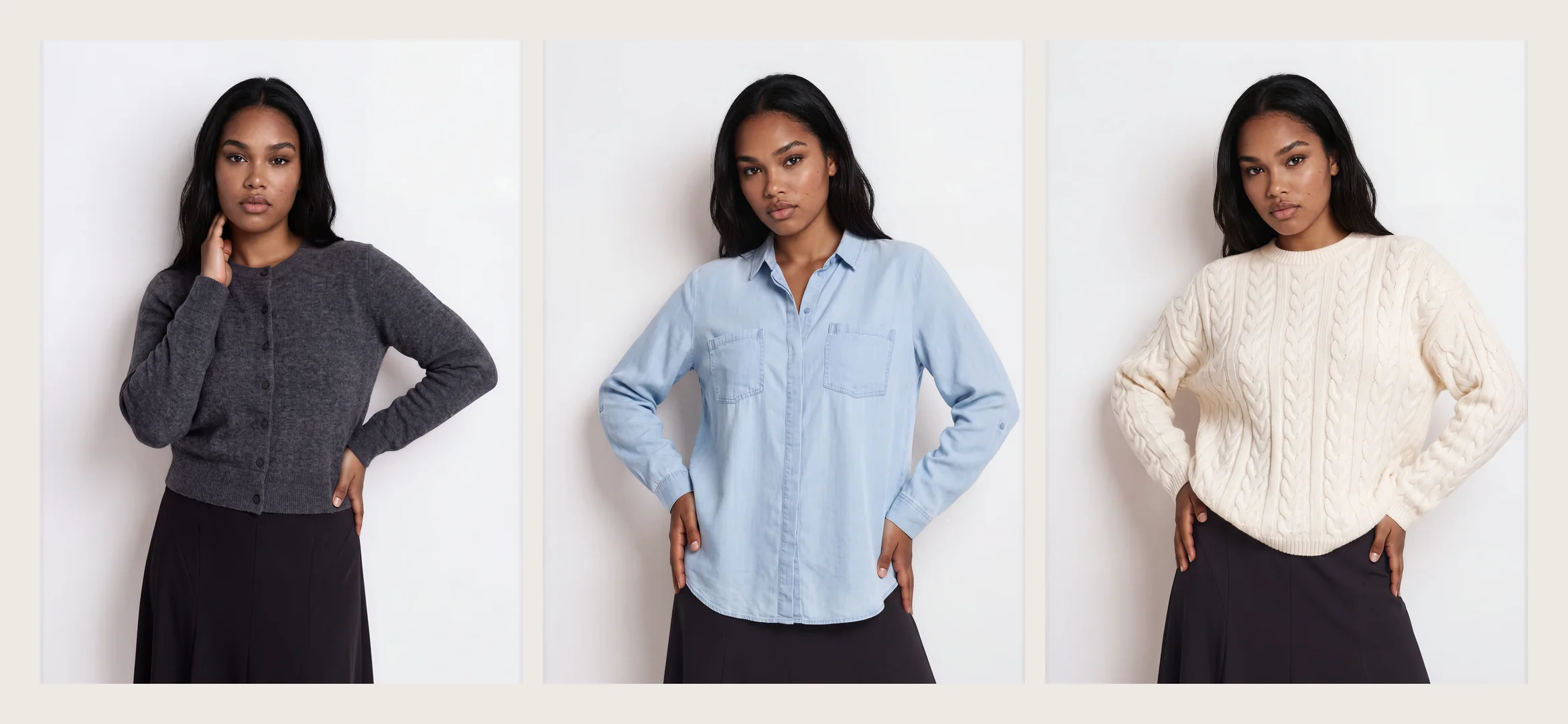 Lookbook spread of one AI fashion model in a grey cardigan, a light blue shirt and a cream cable-knit sweater, all with a black skirt against the same backdrop