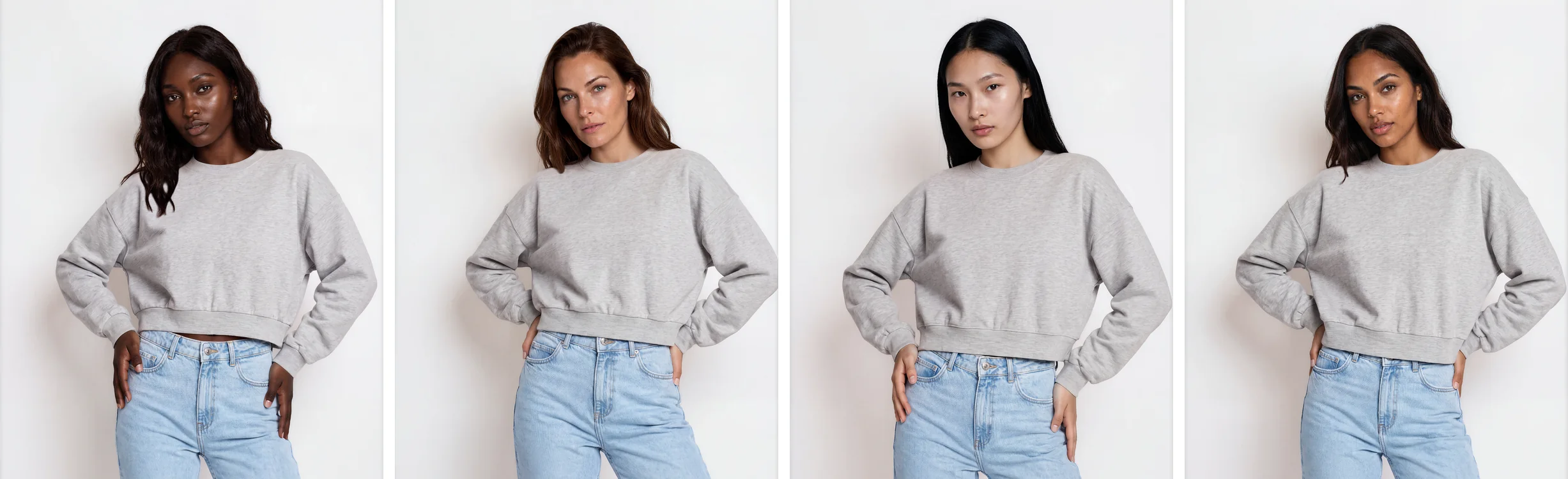 Four AI fashion models of different ages and backgrounds wearing the same grey sweatshirt and jeans on a gallery-grey backdrop