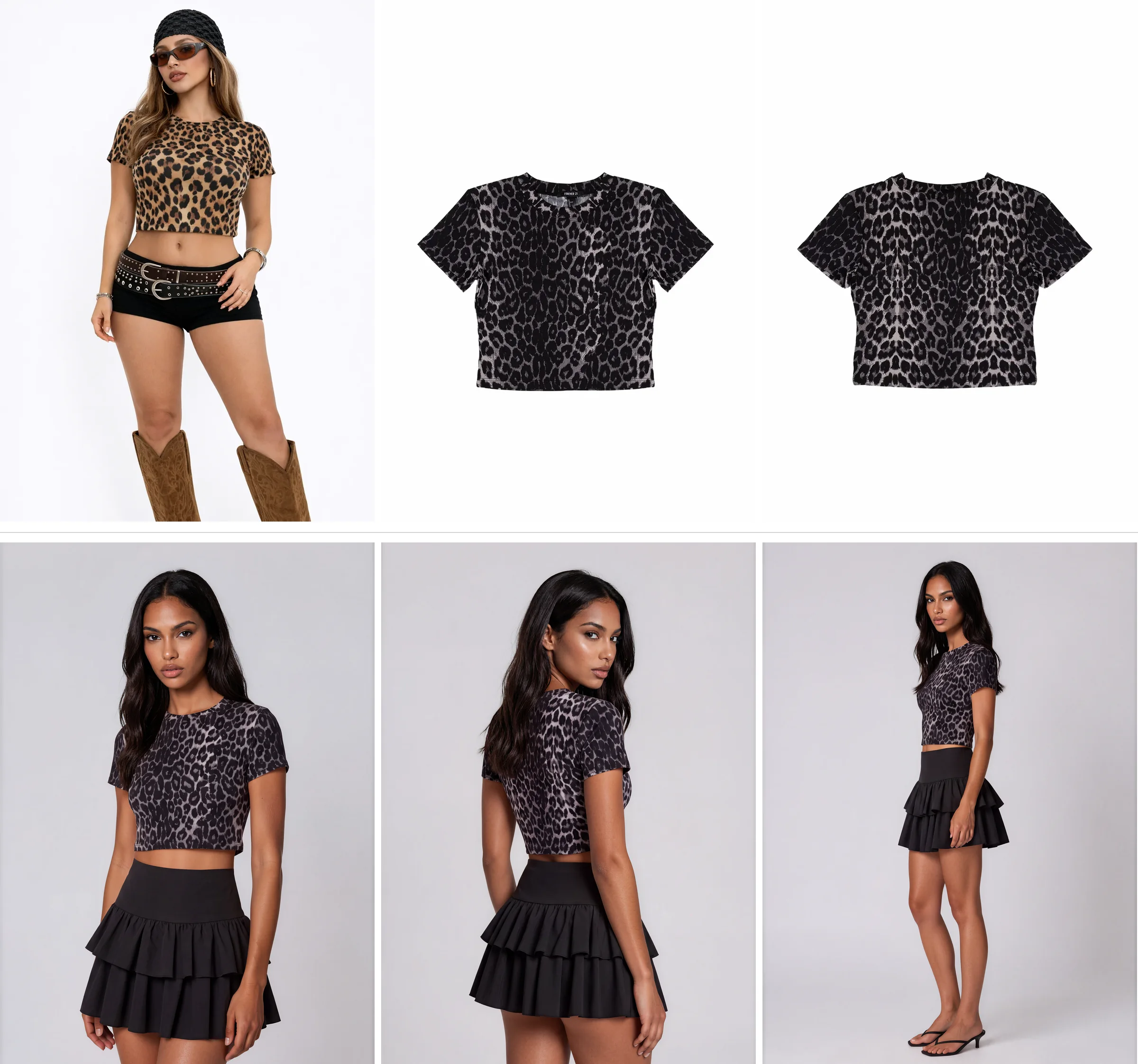 Top row: a model in the brown leopard crop tee and two flat lays of the black leopard tee. Bottom row: the black leopard tee on an AI fashion model from the front, the back and the side