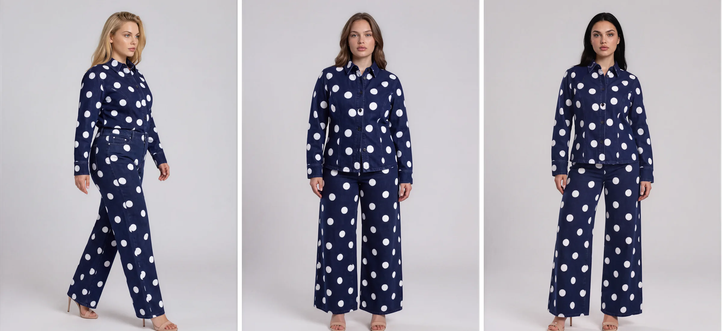 Three AI fashion models of different builds wearing the same polka dot denim jacket and wide-leg trousers on a light grey studio backdrop