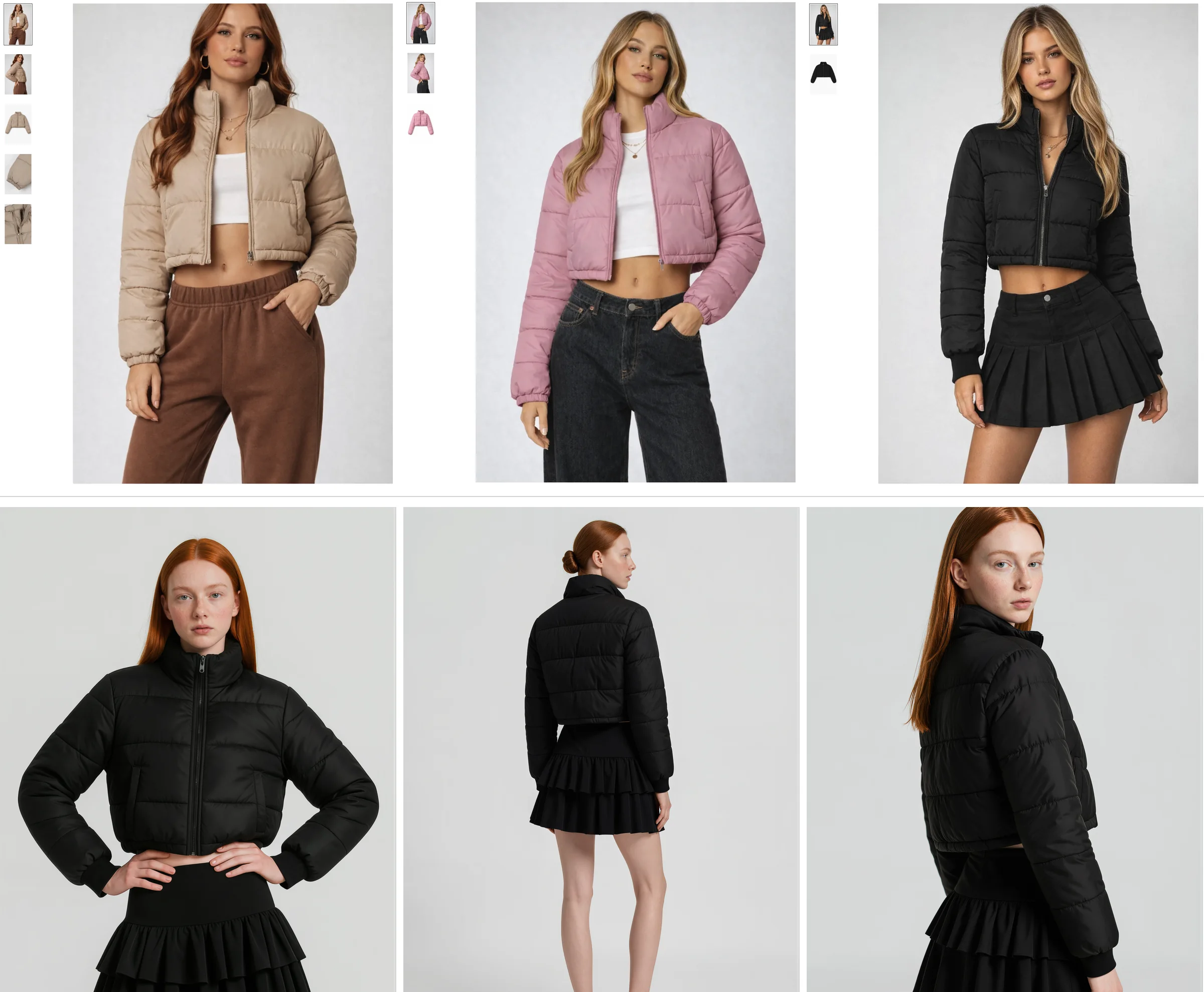 Top row: three Forever 21 puffer jacket pages in khaki, pink and black with five, three and two images. Bottom row: the black puffer jacket on an AI fashion model from the front, the back and a three-quarter angle