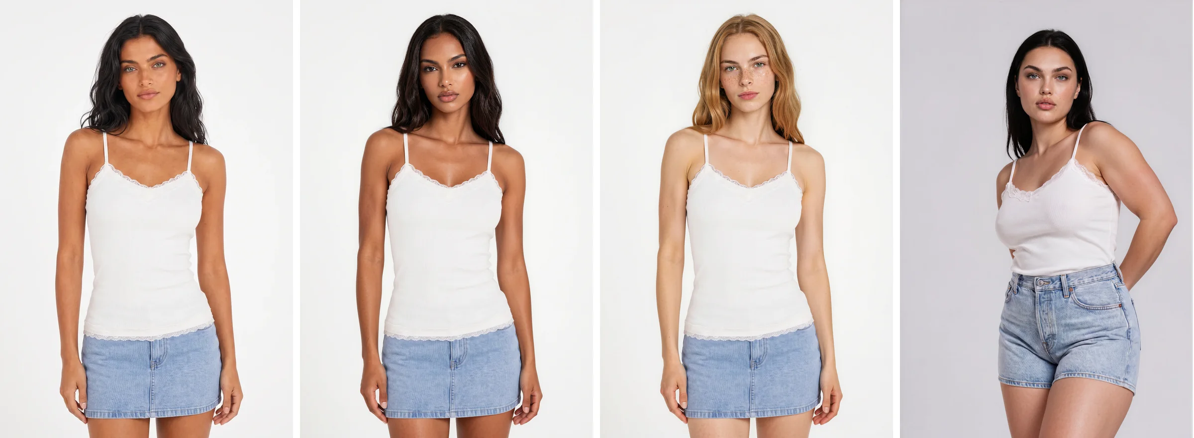 A lace-trim white cami top on the page model and then on three AI fashion models of different looks and builds, all with a denim skirt or shorts