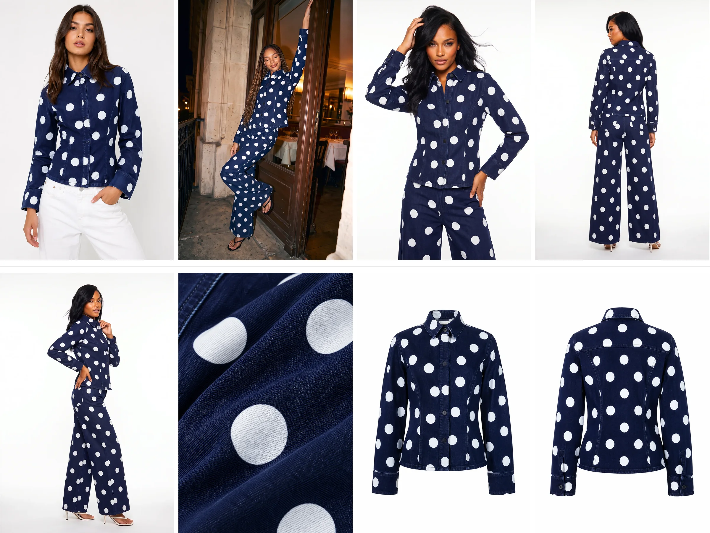 The eight images on Forever 21's polka dot denim shirt jacket page: front, lifestyle, styled portrait and back views, then a side view, a fabric close-up and a ghost shot from the front and back