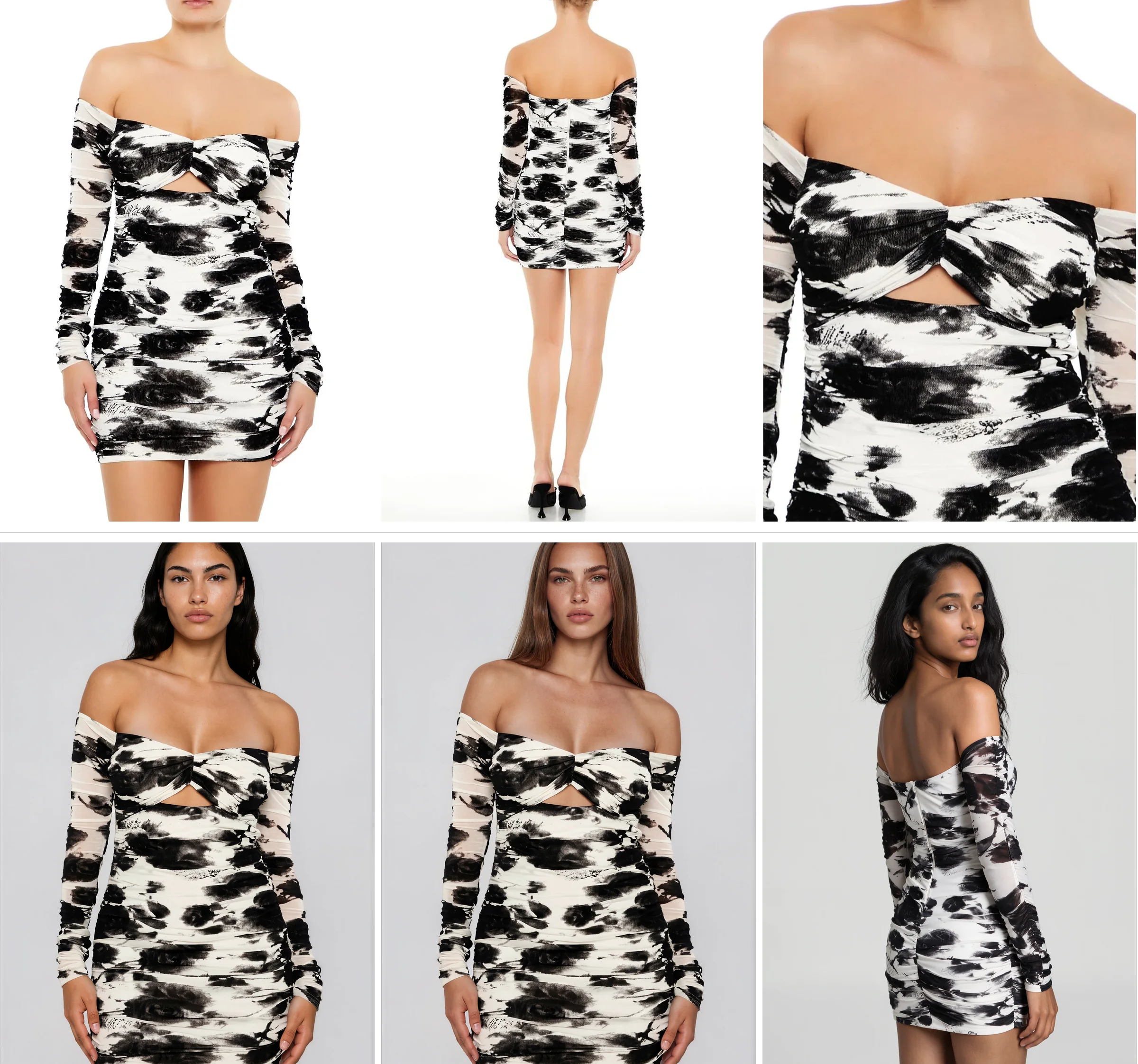 Top row: three product photos of an off-the-shoulder mini dress cropped at the neck. Bottom row: the same dress on three AI fashion models with faces visible
