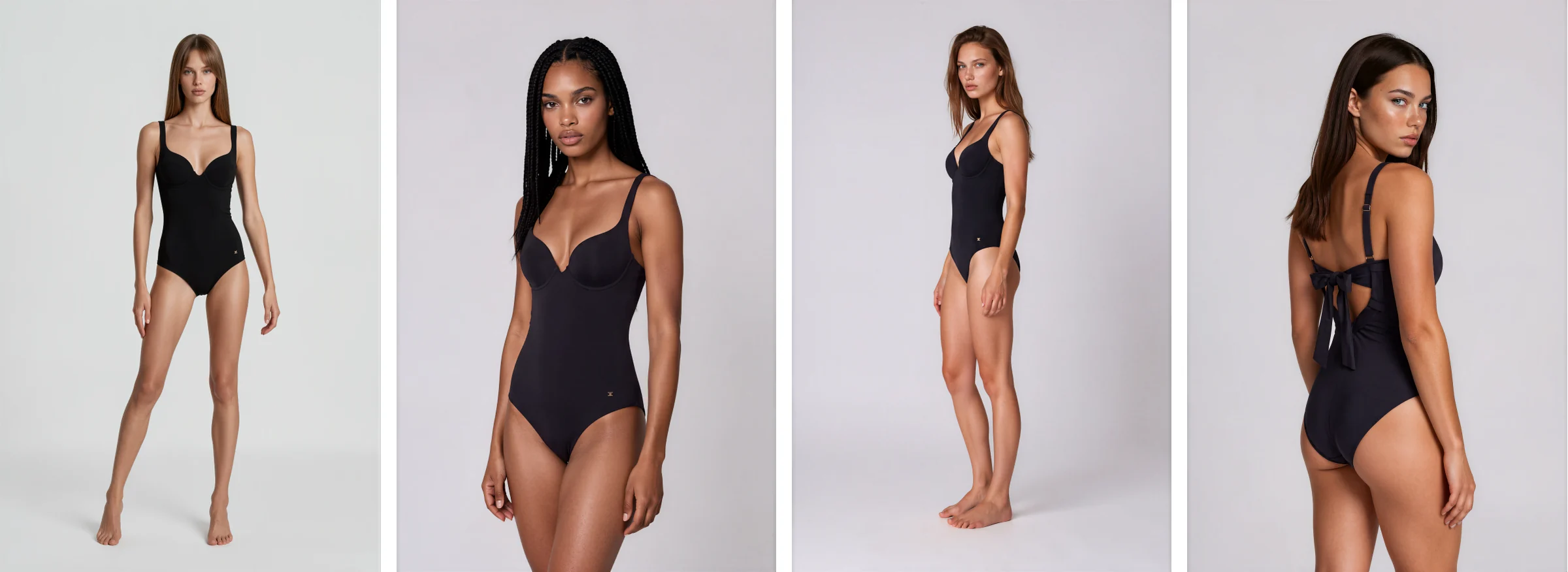 The same black swimsuit on four different Botika models, from the front, the side and the back
