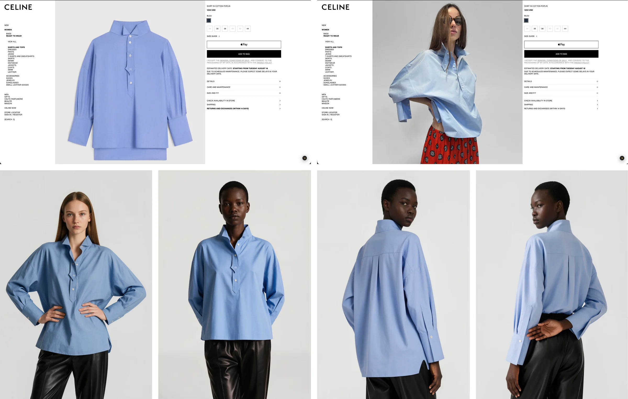 Celine's blue cotton poplin shirt page with a flat lay and an editorial shot, above the same shirt on two Botika models from the front and back in the same light