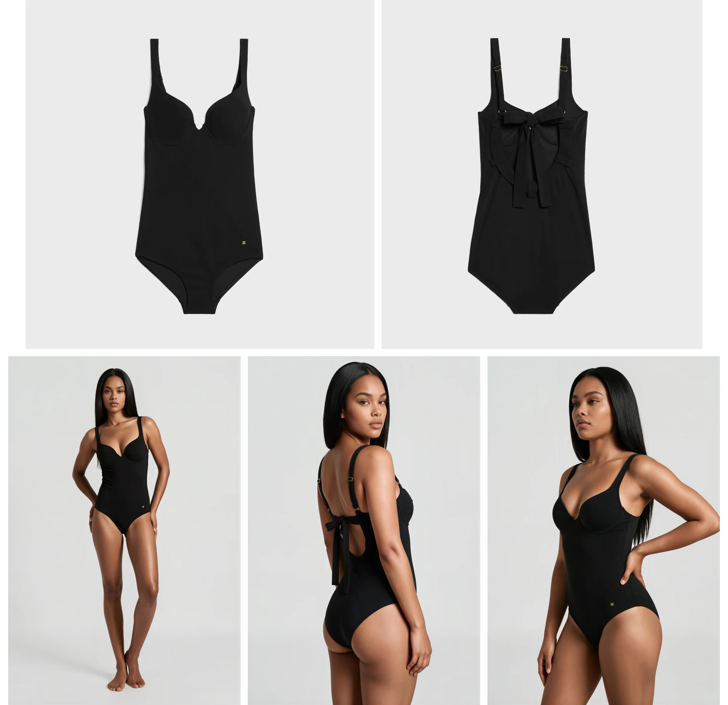 Celine's front and back flat lays of a black swimsuit, with a large black bow on the back that blends into the fabric, above the same swimsuit on a Botika model from the front, the back and three-quarter view
