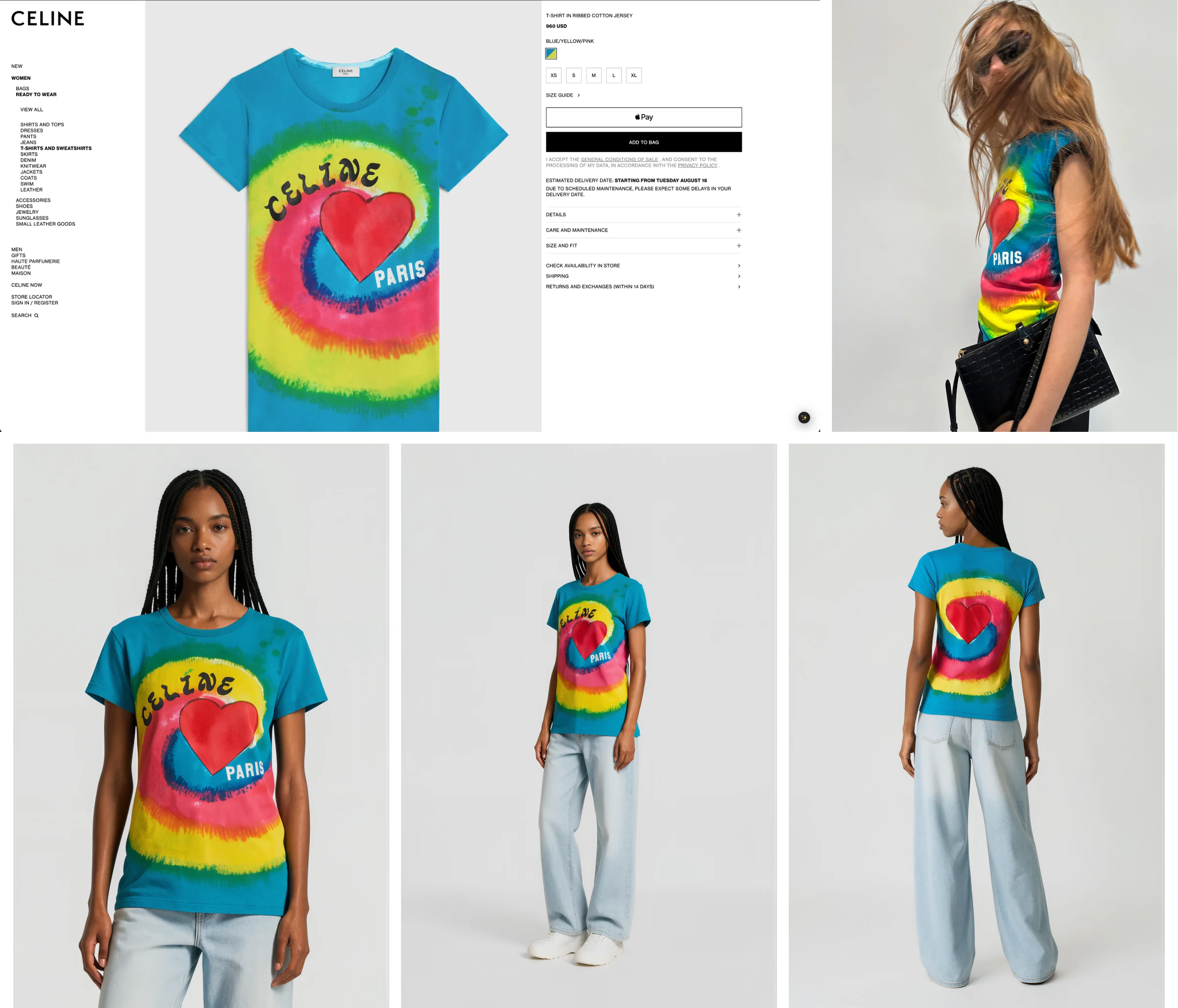 Celine's rainbow print t-shirt page and an editorial image where a bag covers part of the print, above the t-shirt on a Botika model at full length from the front and back