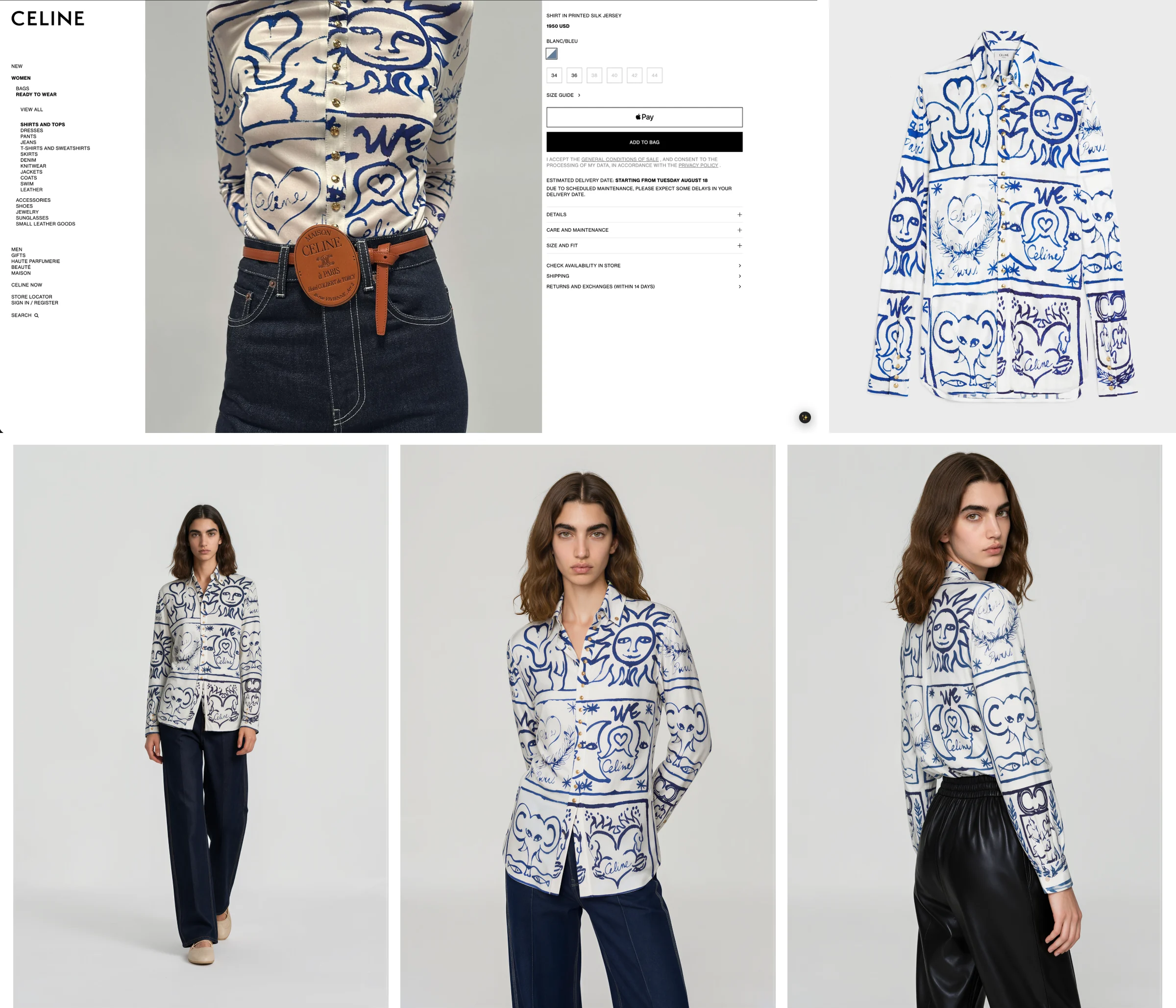 Celine's printed shirt page with a cropped, headless on-model shot and a flat lay, above the same printed shirt on Botika models at full length