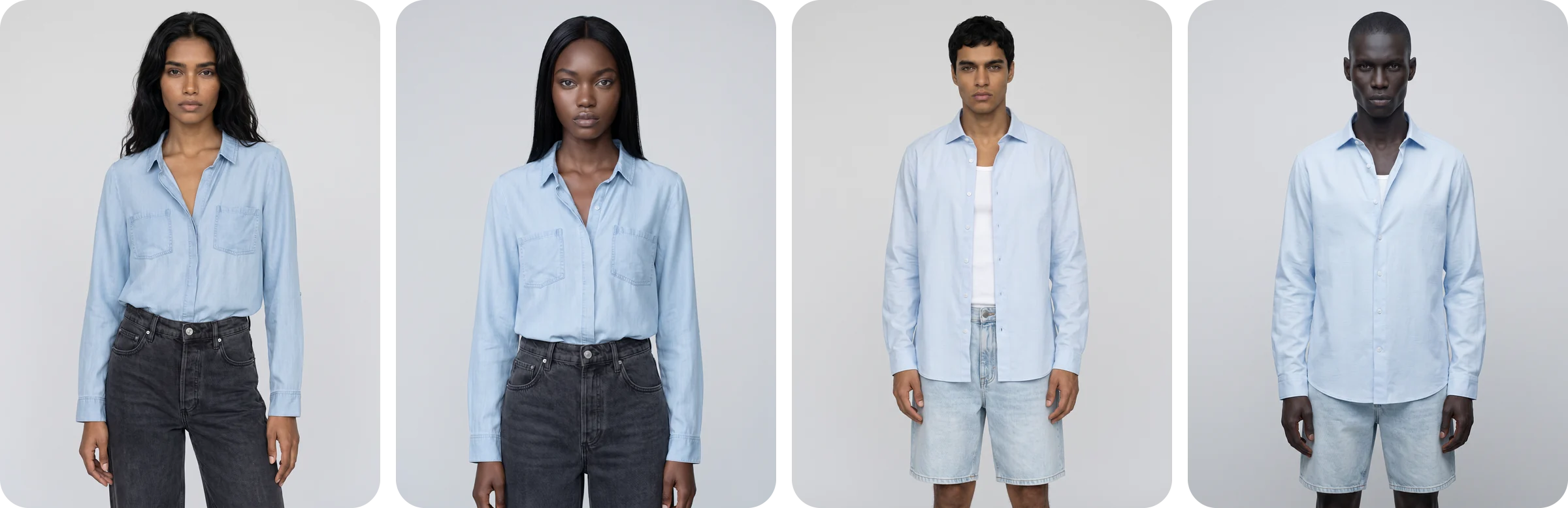 Four AI fashion models, two women and two men, in the same light blue shirt, shown side by side against a light grey studio wall