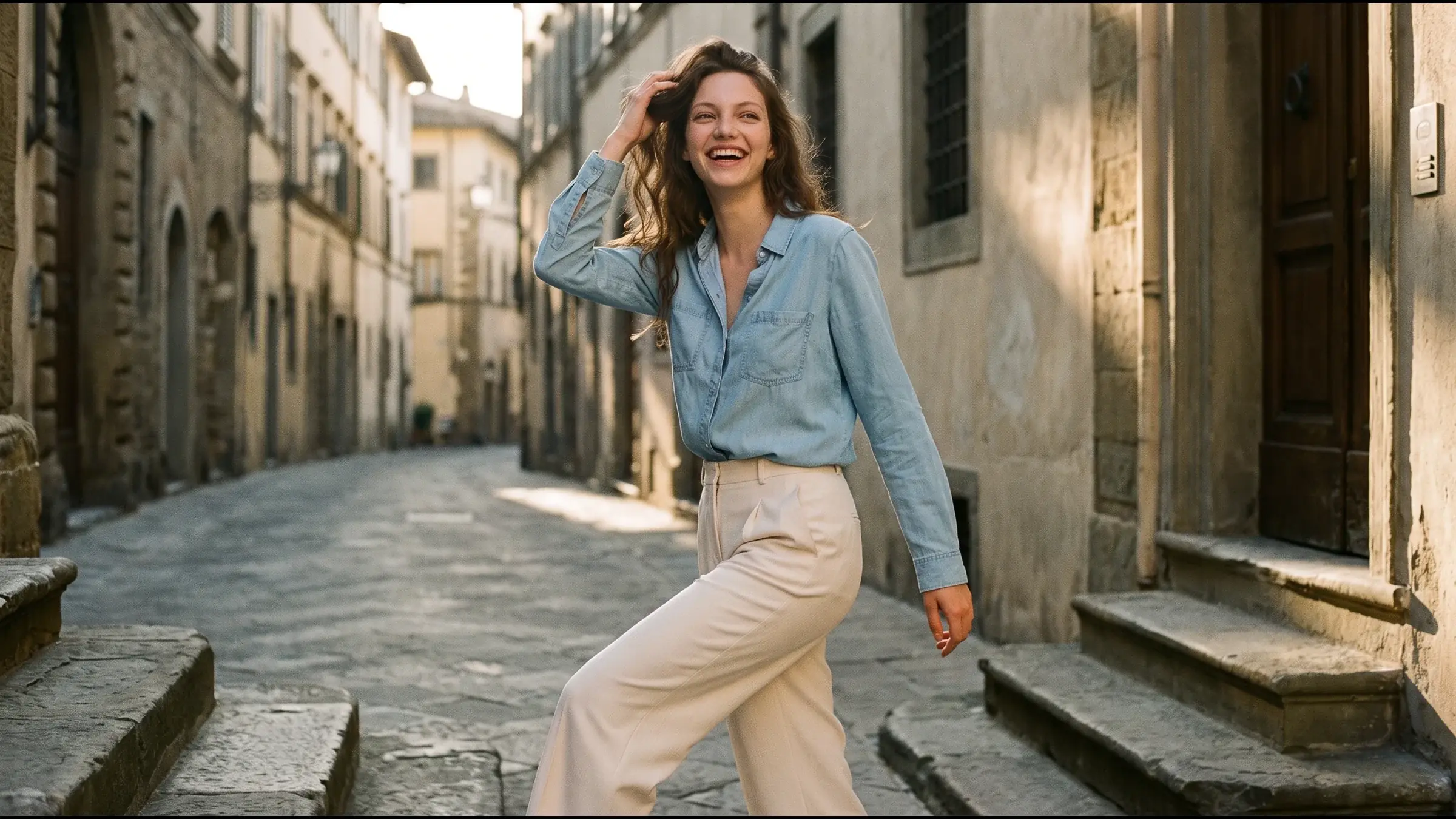 AI fashion model in a light blue chambray shirt and cream trousers laughing mid-step on a sunlit old stone street
