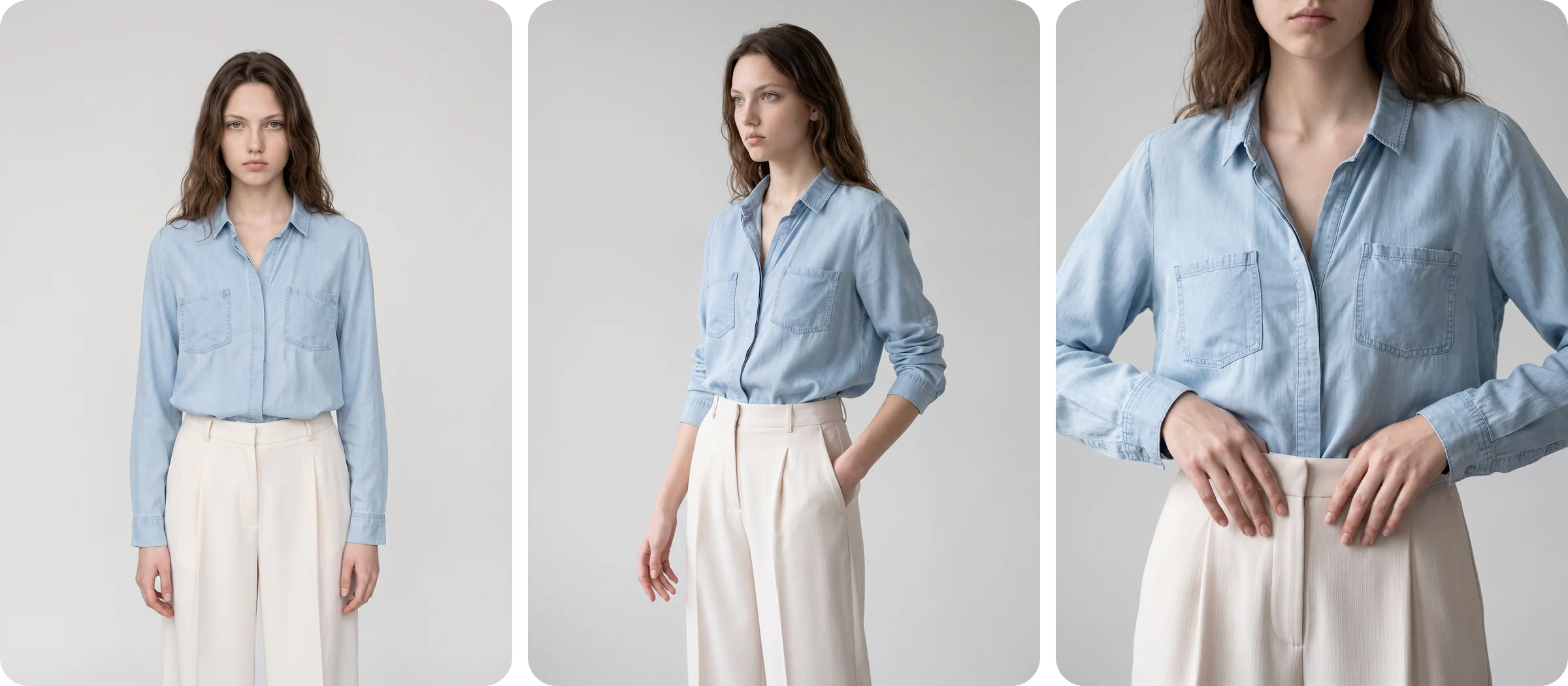 Three candid frames of an AI fashion model in a blue chambray shirt and cream trousers in a stone courtyard: laughing, looking back over her shoulder and adjusting a cuff