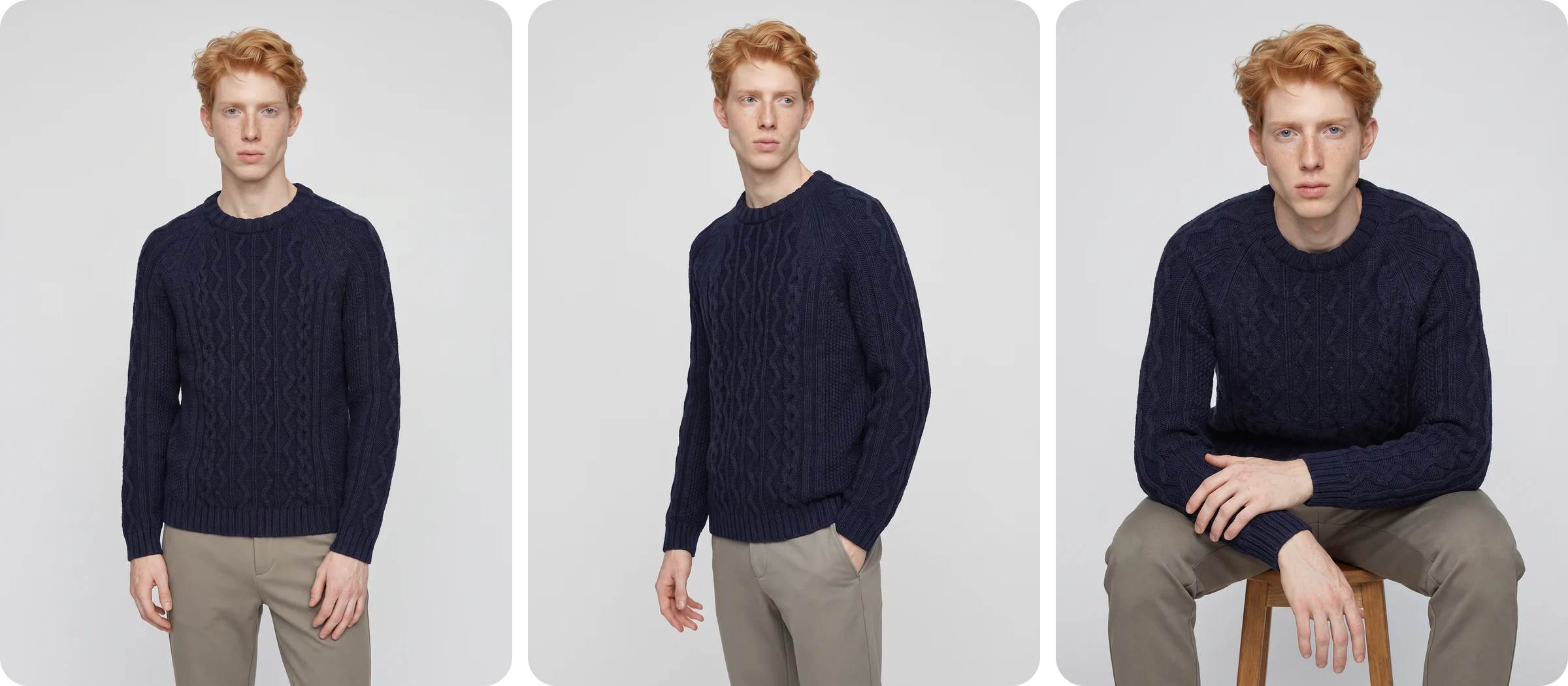 The same AI fashion model in a navy cable knit sweater in three poses: straight-on, a quarter turn and seated on a wooden stool