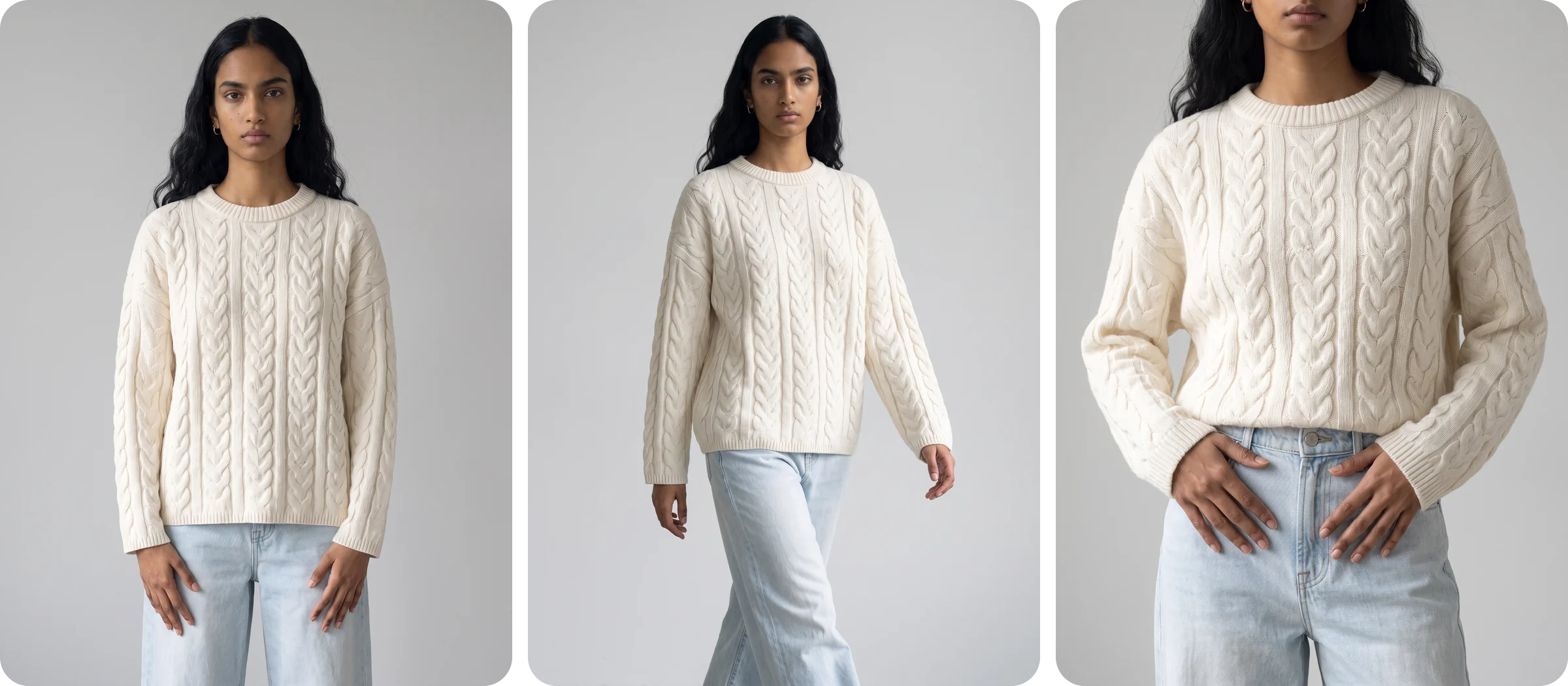 A typical product gallery for an AI fashion model in a cream cable knit sweater and light jeans: straight-on, walking and a close crop of the knit