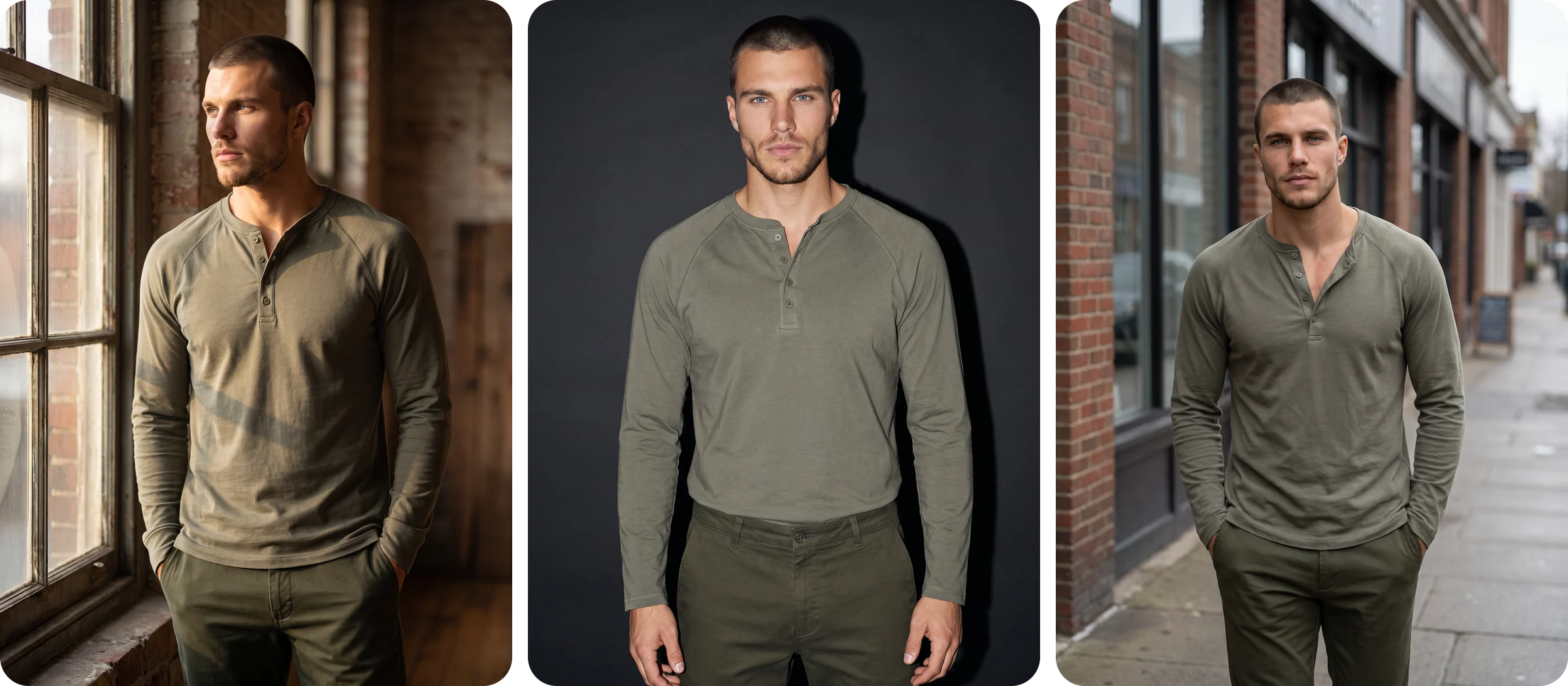 The same AI fashion model in three moods: beside a brick loft window, under direct flash against a dark wall and walking on an overcast shopping street