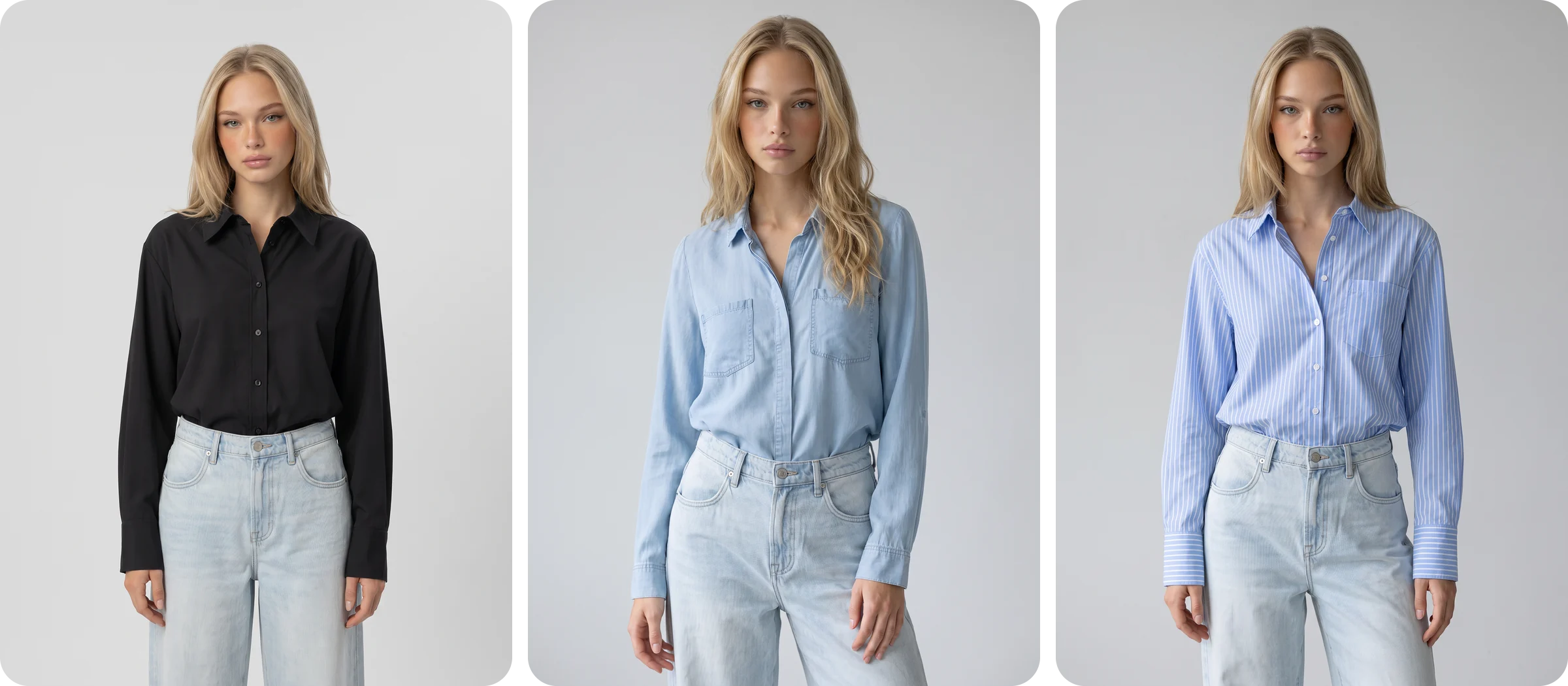 The same AI fashion model in three shirts, black, light blue chambray and blue stripe, with the same light jeans