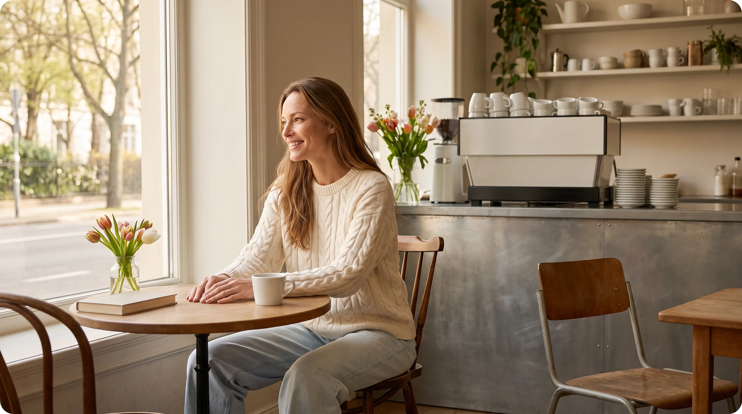 A mature AI fashion model in a cream cable knit sweater and light jeans sitting at a cafe window table with a coffee, an open book and a vase of tulips