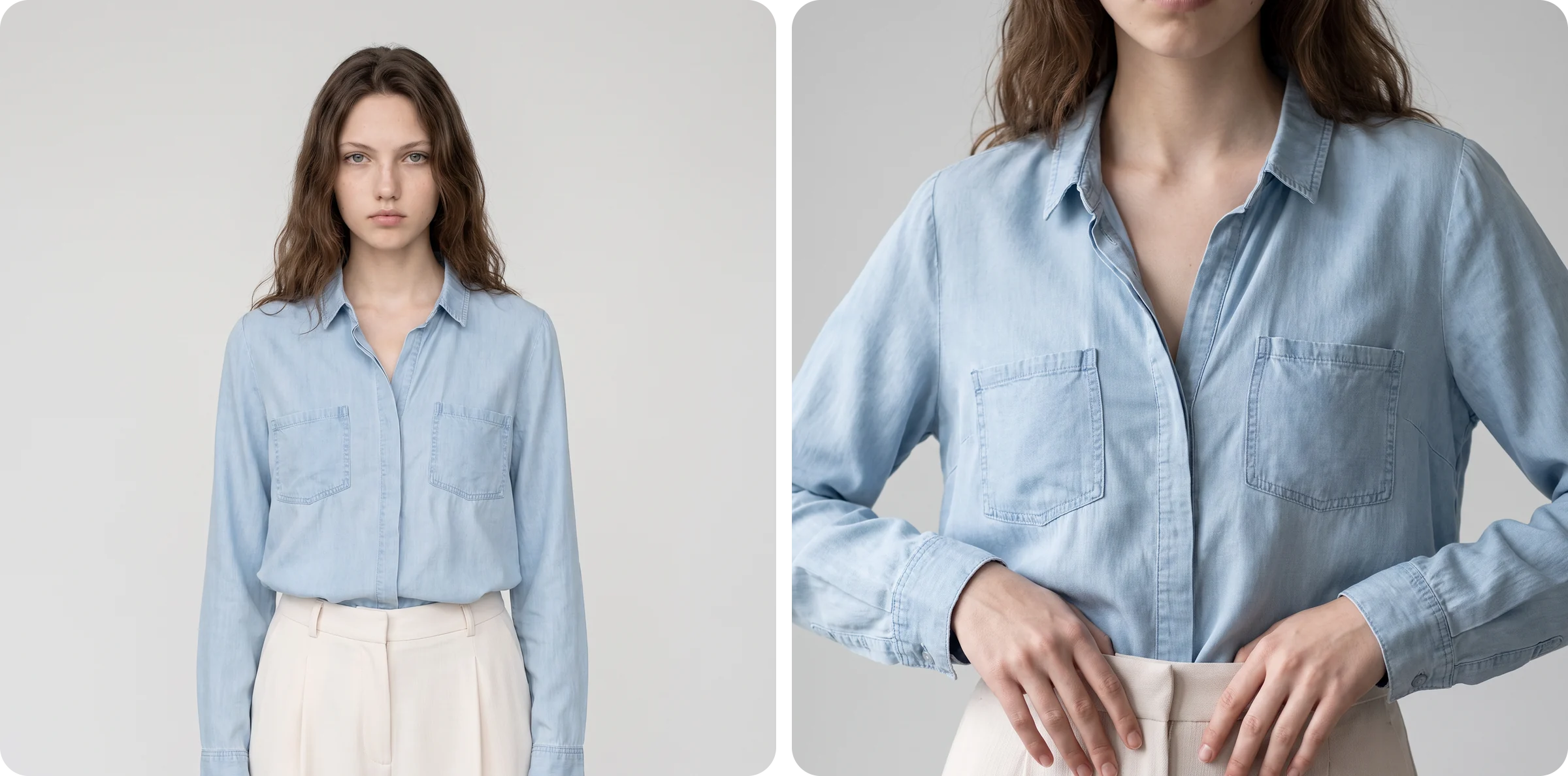 Two views of an AI fashion model in a blue chambray shirt: a straight-on portrait and a close crop of the collar, pockets and hands at the waist