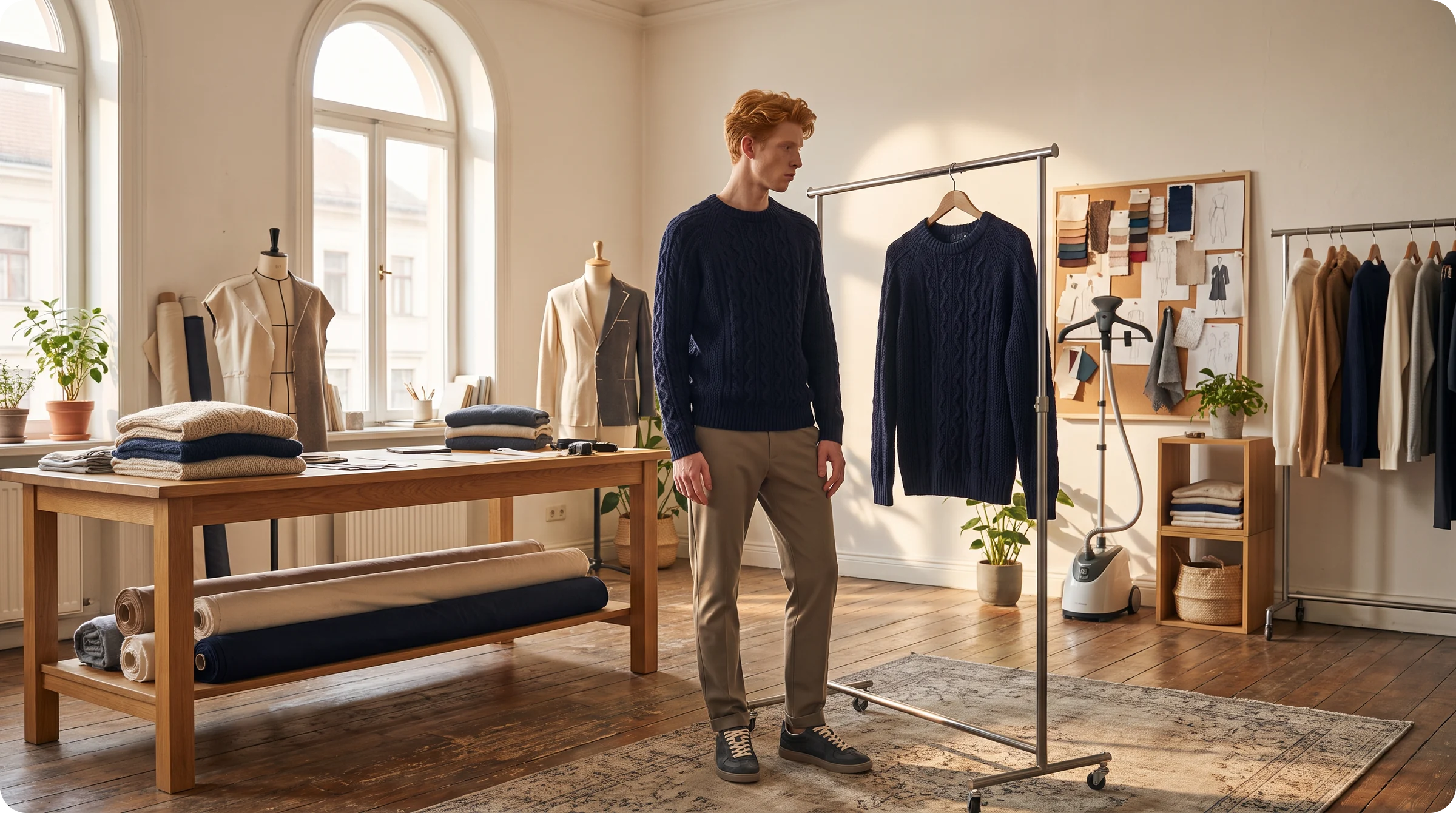 A male AI fashion model in a navy cable knit sweater next to a rail with the same sweater, in a working atelier with fabric rolls, dress forms, a pinboard of swatches and a garment steamer