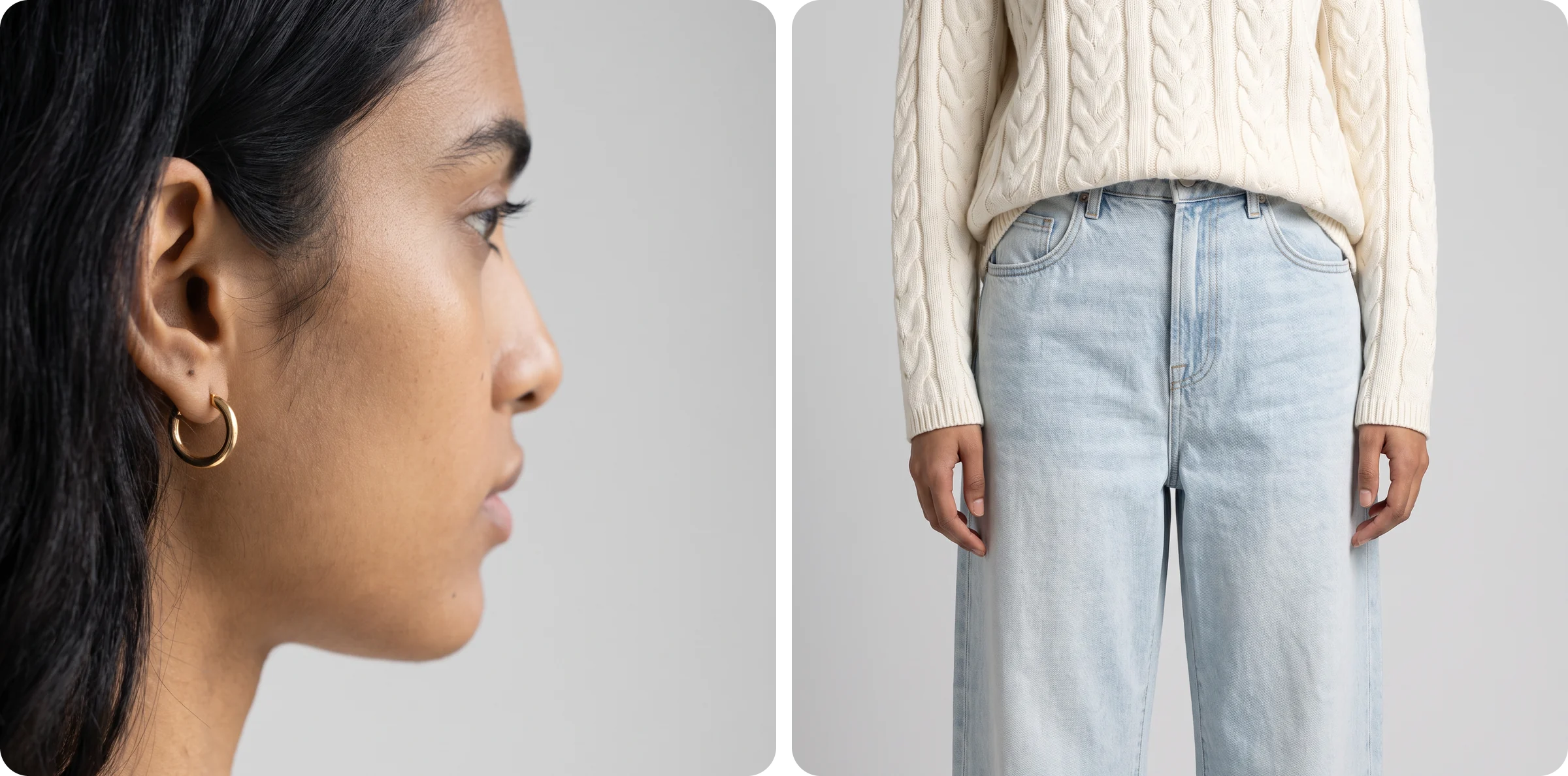 Two zoom checks on an AI fashion image: a gold hoop earring in profile and the jeans waistband and pockets under a cable knit sweater