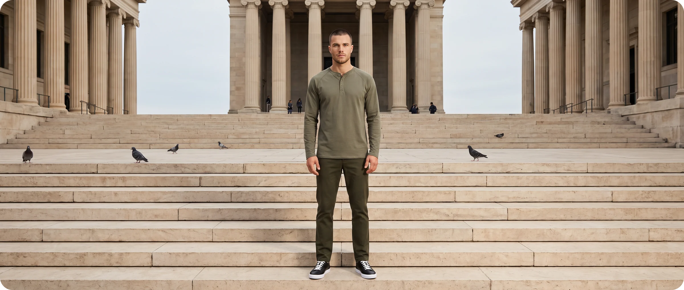 Male AI fashion model standing on a broad flight of stone steps in front of a columned museum entrance, with pigeons on the steps and tiny visitors in the distance