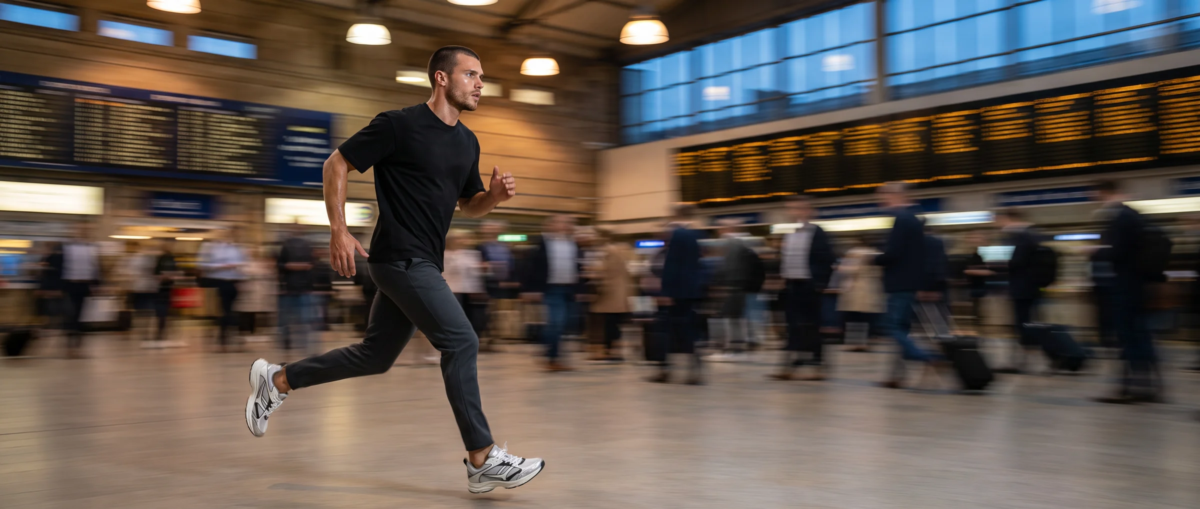 Man in a black tee running through a crowded railway concourse at the evening rush, the commuters behind him streaked with motion blur