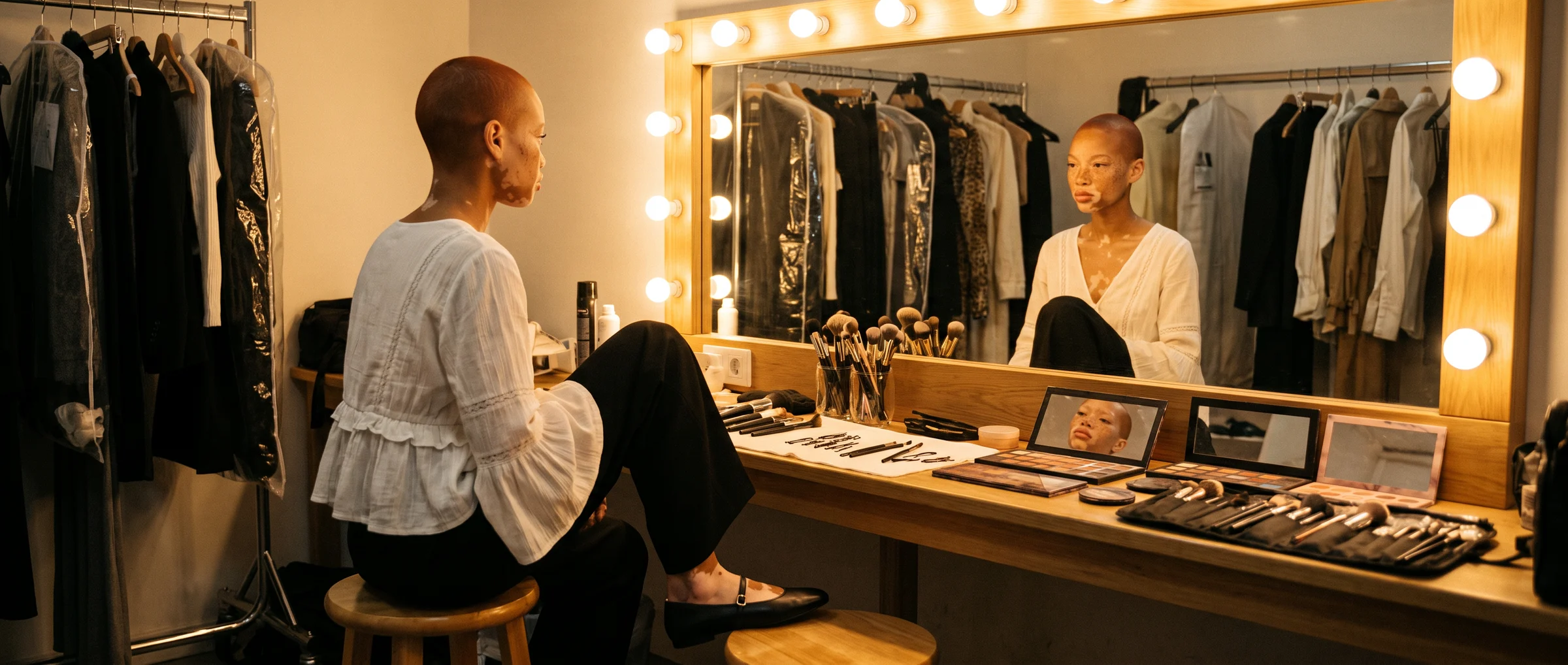 Woman in a white ruffled blouse seated at a backstage vanity with her face reflected in a bulb-lit mirror, a garment rail behind her