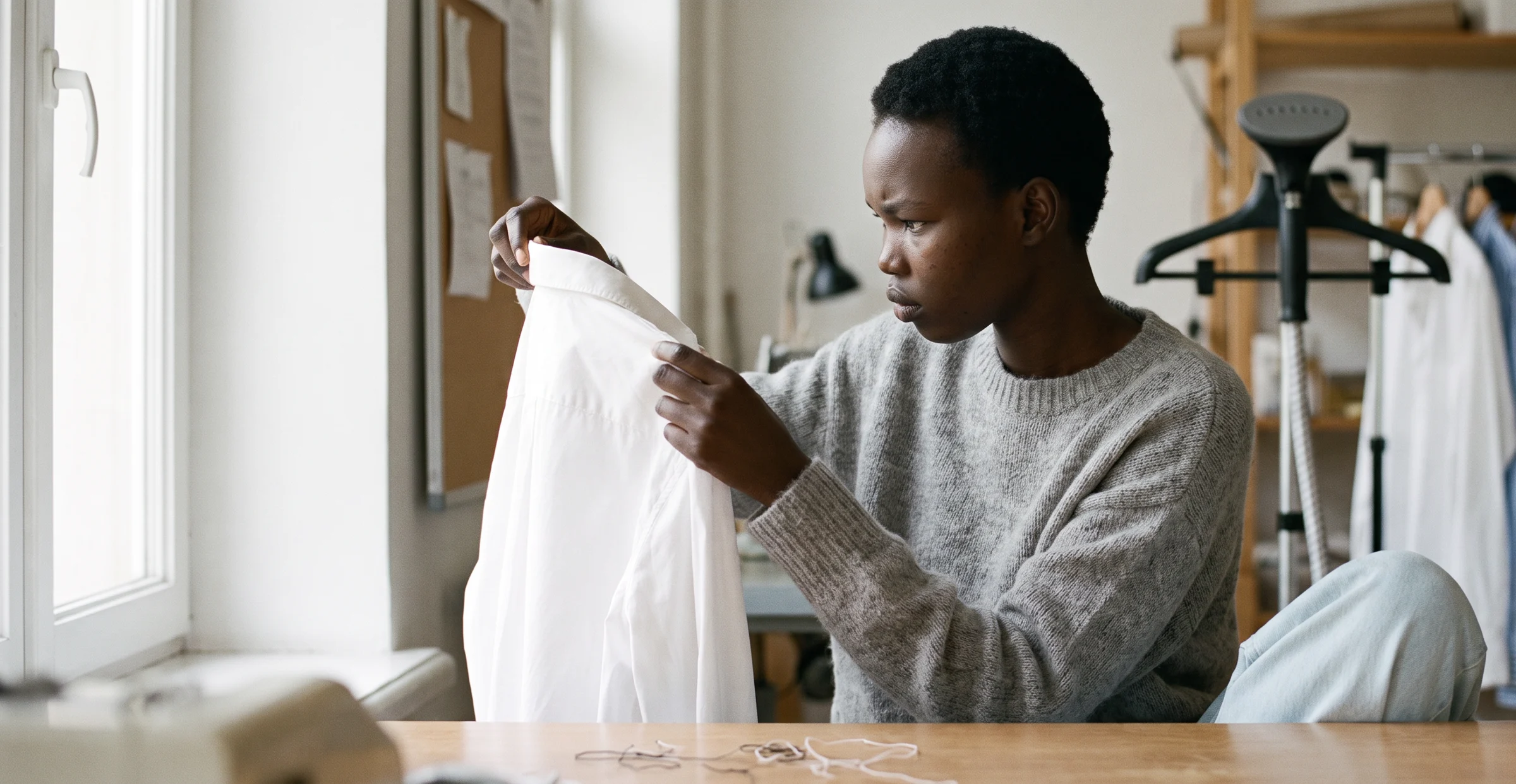 Woman in a grey sweater holding up the collar of a white cotton shirt to a window to check the stitching in a small workroom