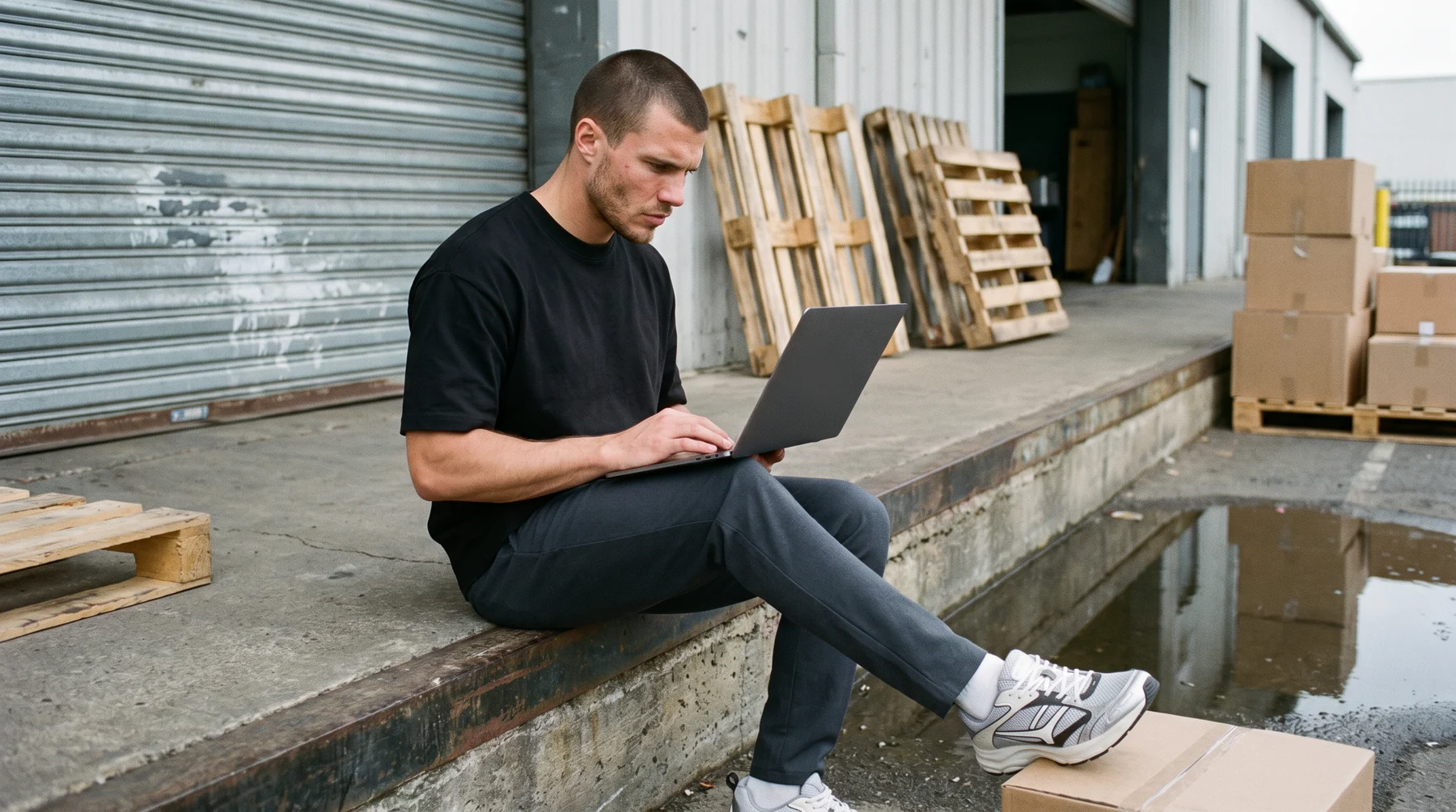 Man in a black tee reading a laptop on a warehouse loading dock step beside pallets and cardboard boxes