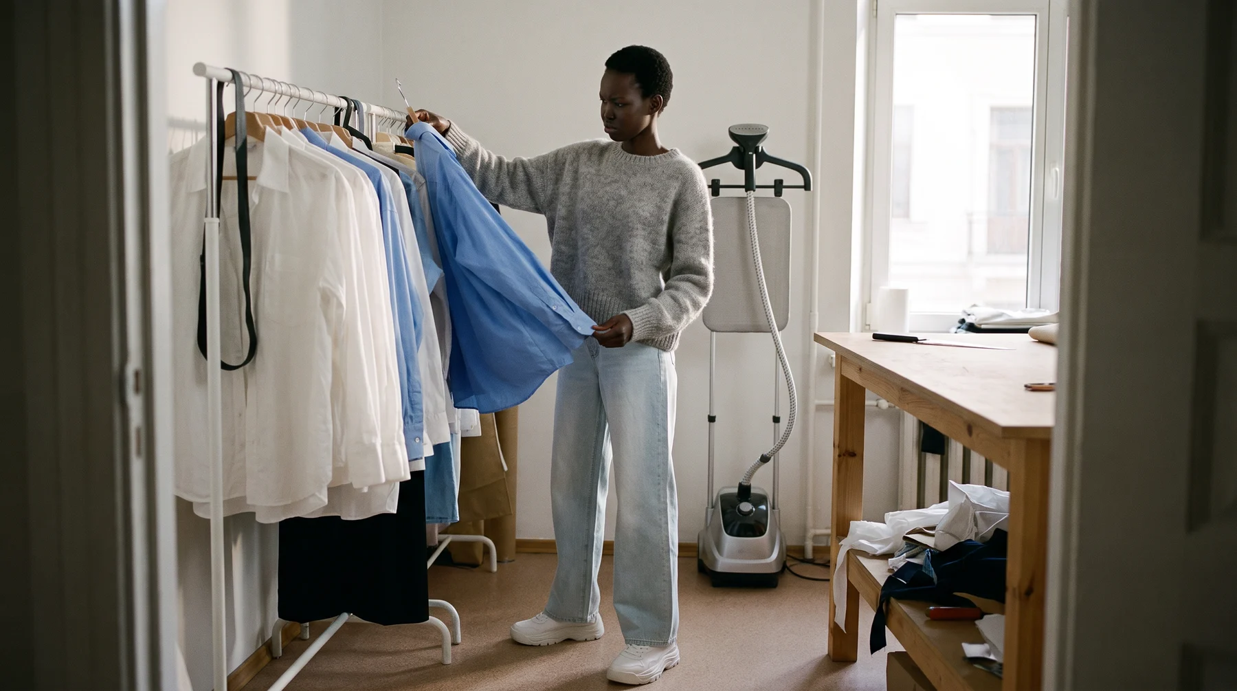Woman in a grey sweater pulling a blue shirt halfway off a rail in a small workroom to check the hem
