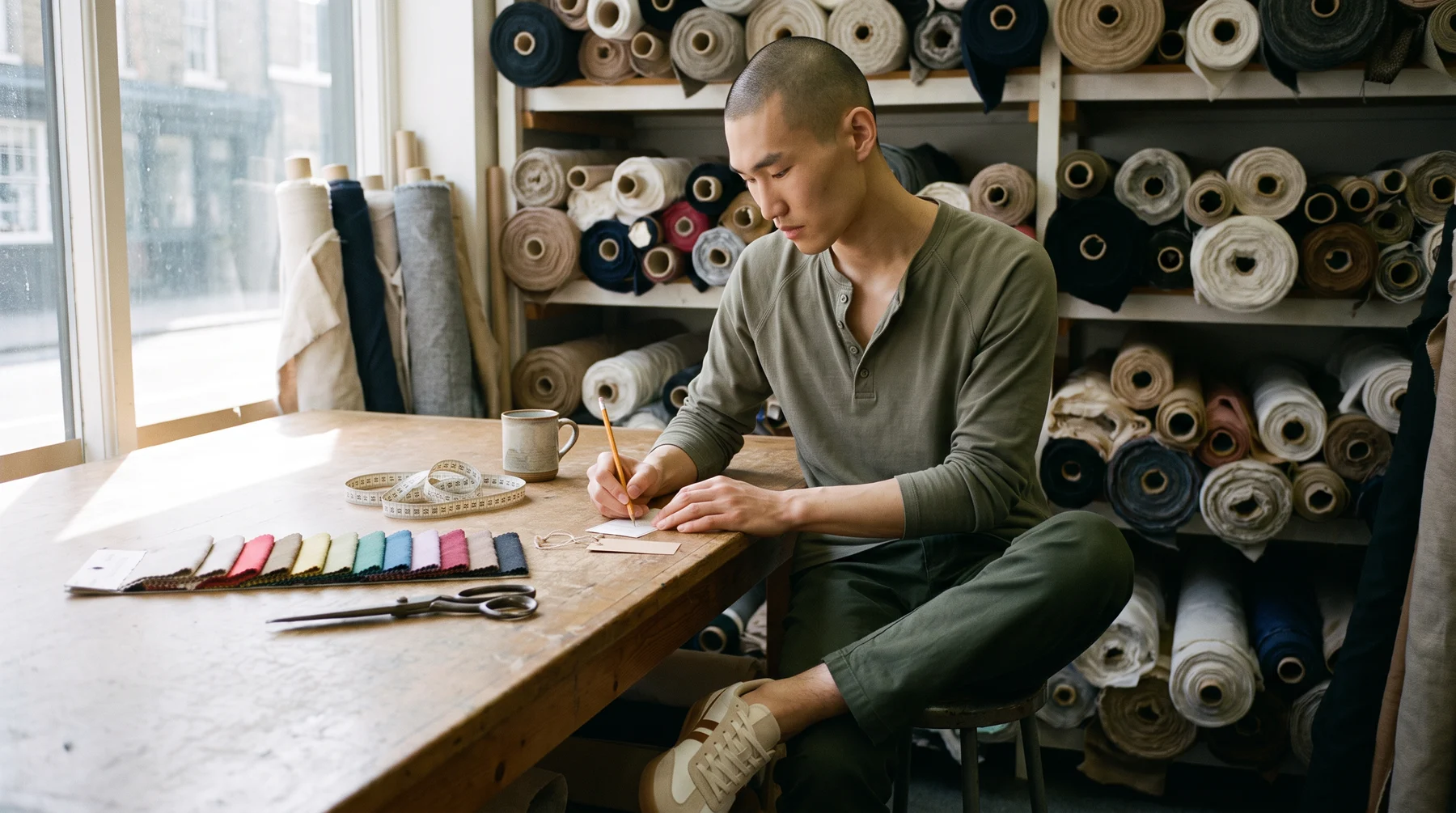 Man in a sage-green henley writing on a paper tag beside a row of fabric swatches on a wooden cutting table