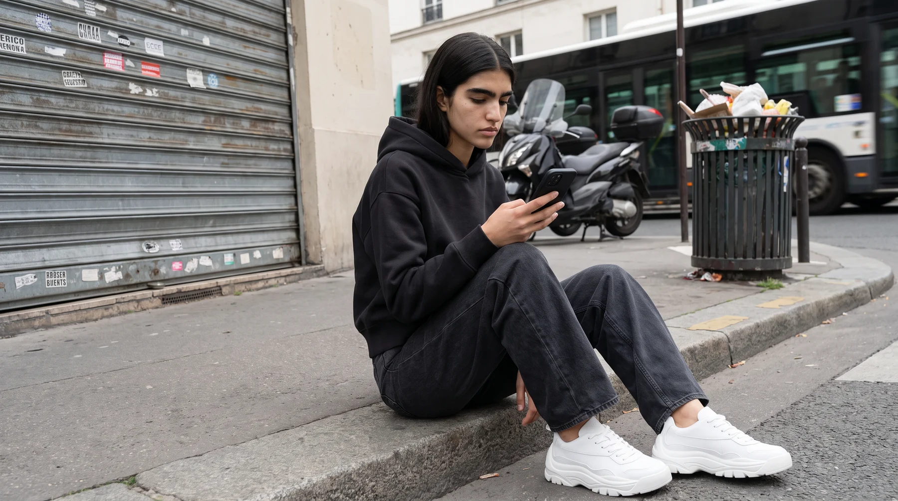 Woman in a grey hoodie sitting on a kerb scrolling her phone in front of a sticker-covered shutter and a scooter