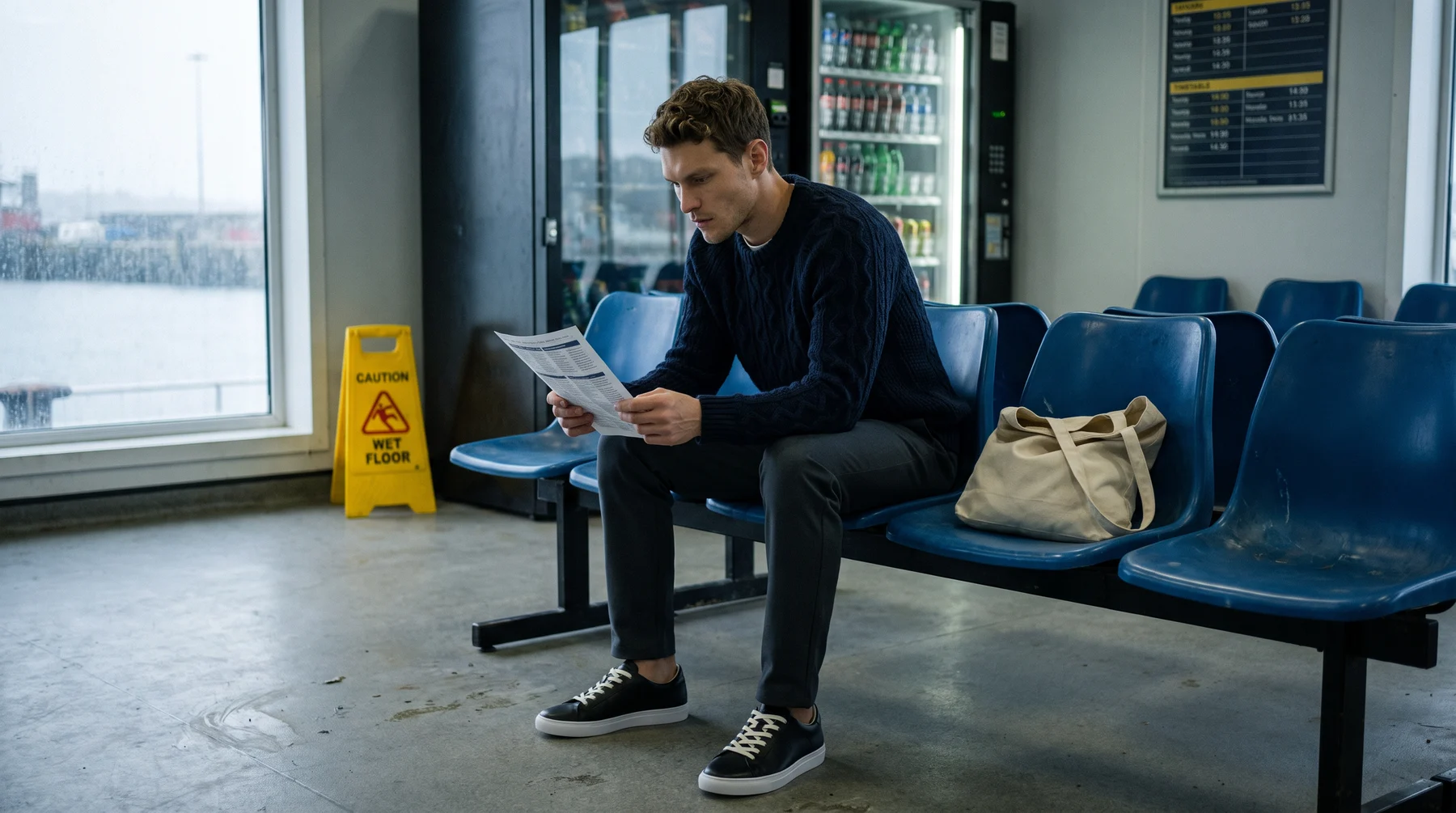 Man in a navy sweater sitting on a ferry terminal bench reading a printed sheet of paper
