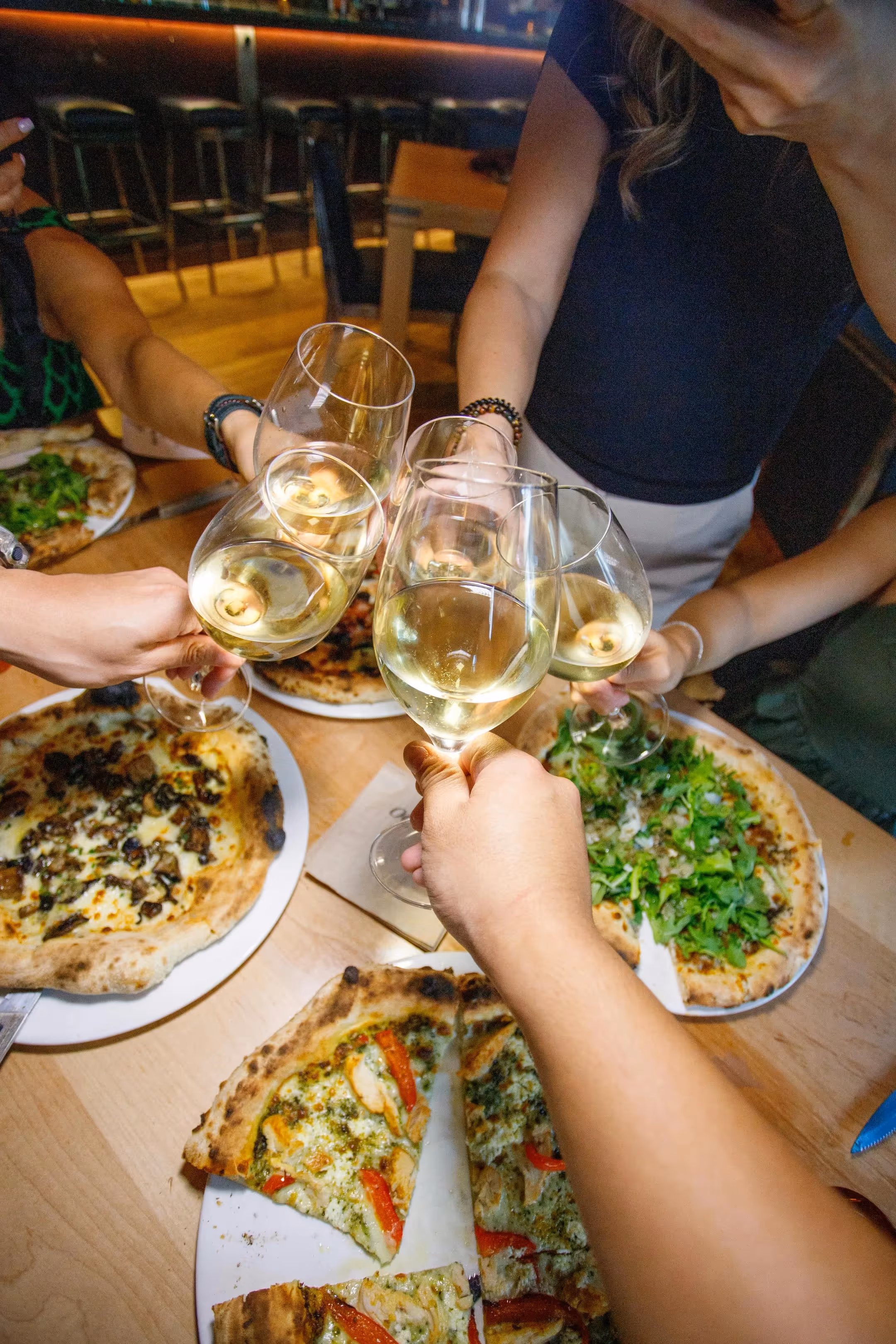 Eating pizza and wine stock image