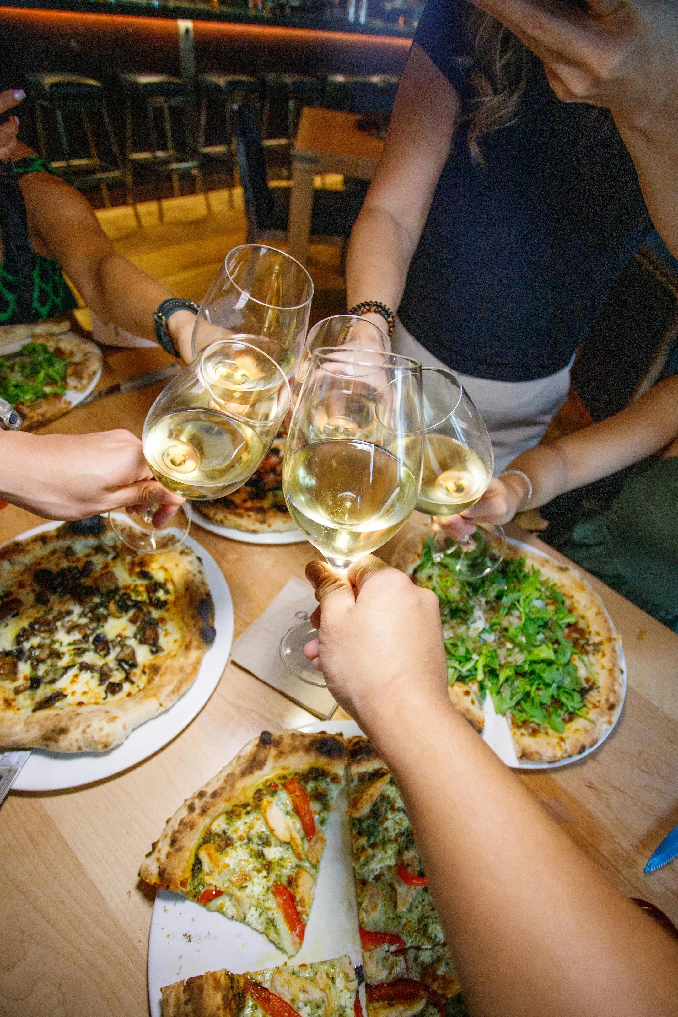 Eating pizza and wine stock image