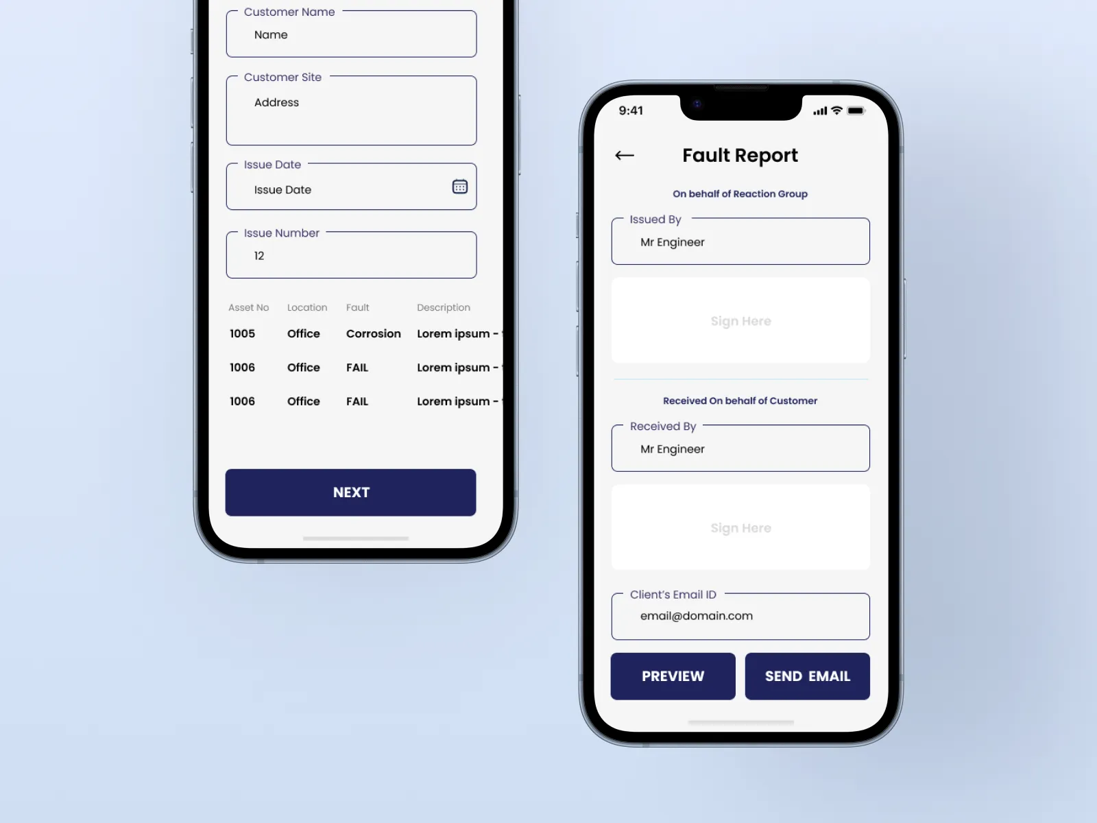 Side-by-side iPhone mockups for a field-service app: the first screen gathers customer/site details, issue date/number and shows a table of asset faults with a “Next” button; the second displays the Fault Report preview, including “Issued By” and “Received By” signature fields, client email entry, plus “Preview” and “Send Email” buttons.