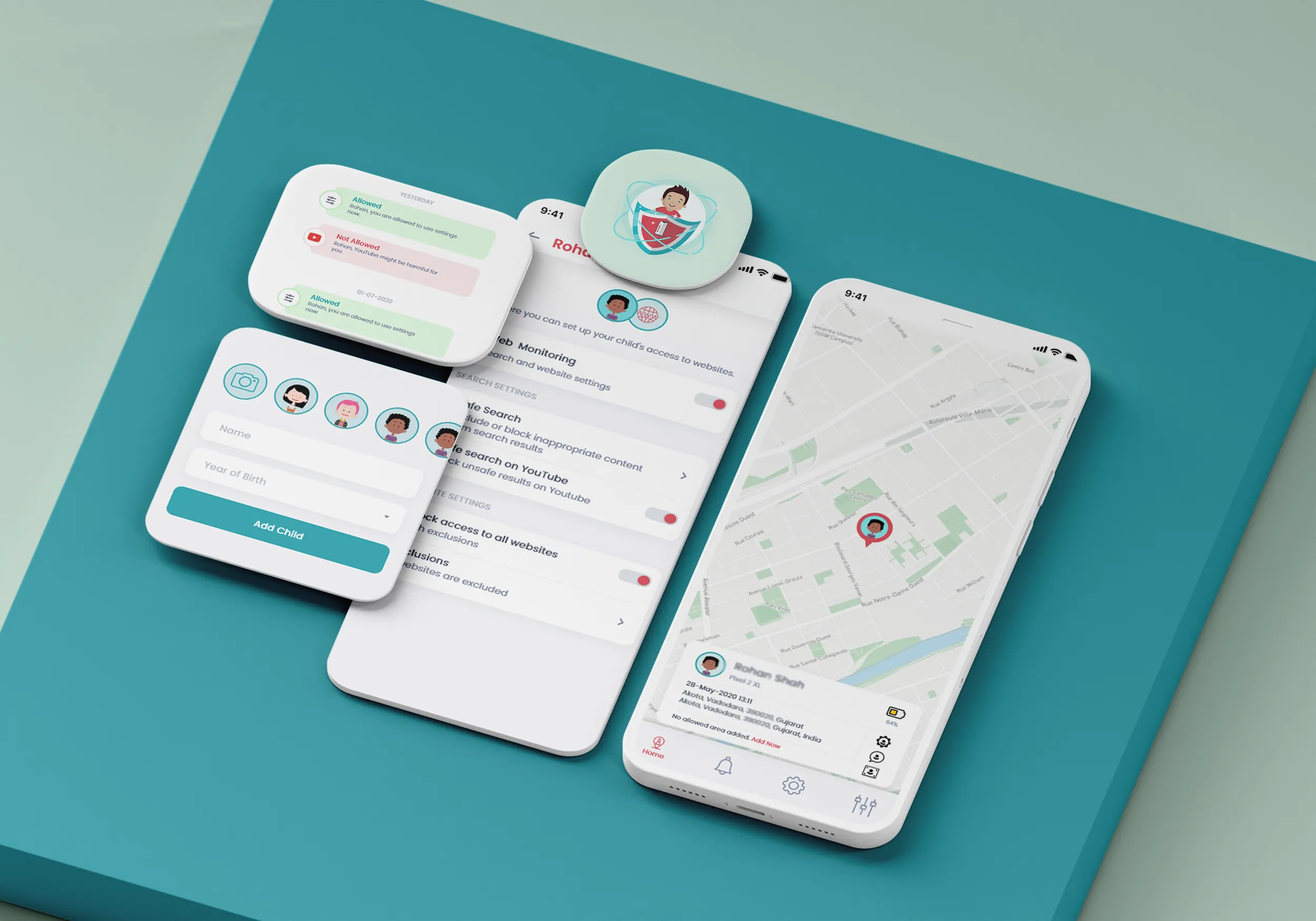 A smartphone and app interface displaying child monitoring features, including a map, settings, and profile cards for parental controls.