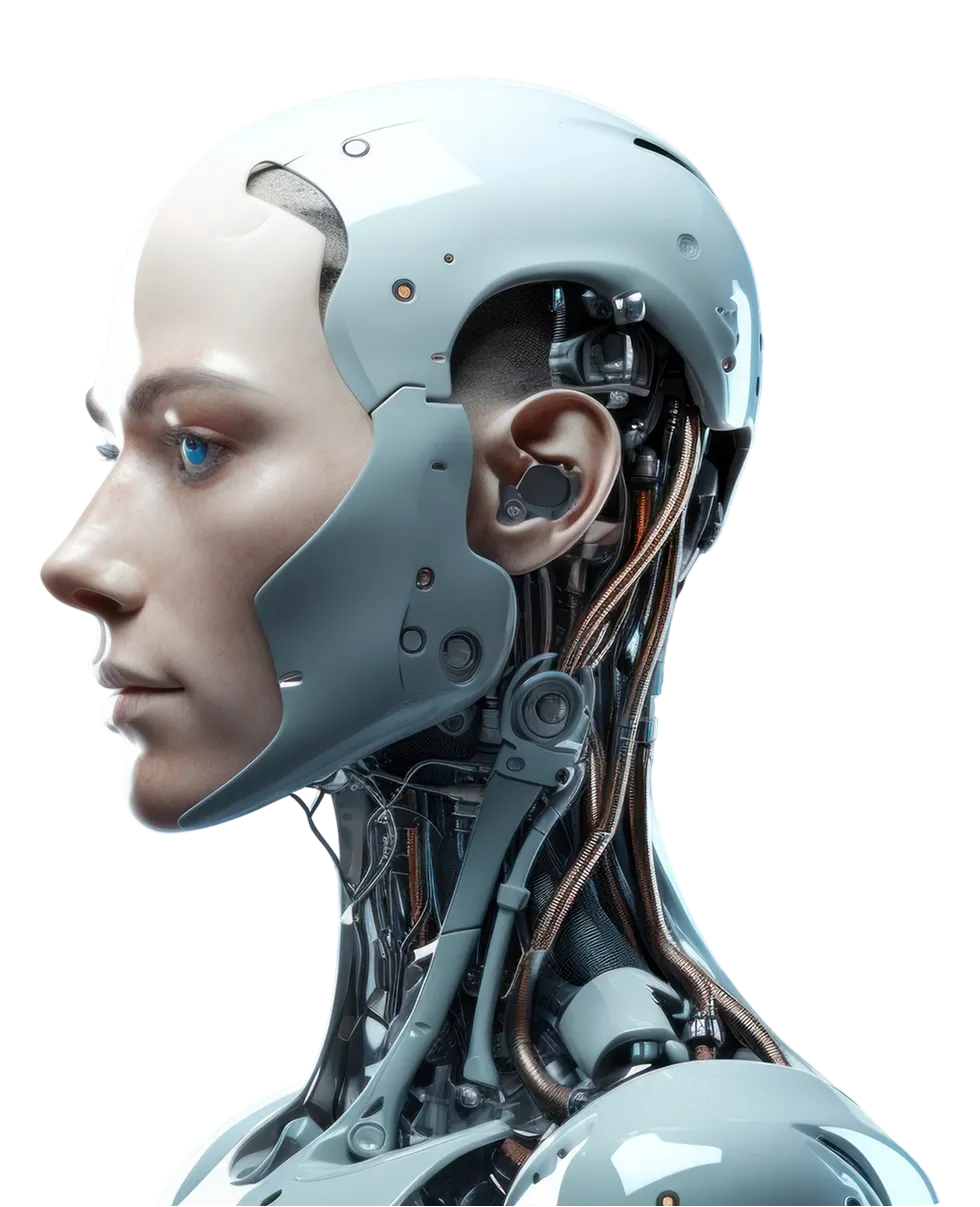 Futuristic humanoid AI robot with visible circuits and mechanical components, representing artificial intelligence innovation and advanced technology solutions by Novumlogic.