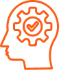 Orange outline of a human head with a gear symbol inside representing thinking or problem-solving.