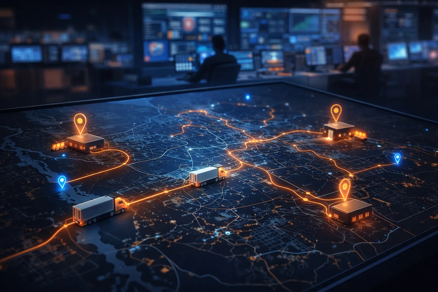 Logistics control center displaying a live shipment tracking map with glowing routes connecting warehouses, trucks, and delivery destinations in a modern operations environment.