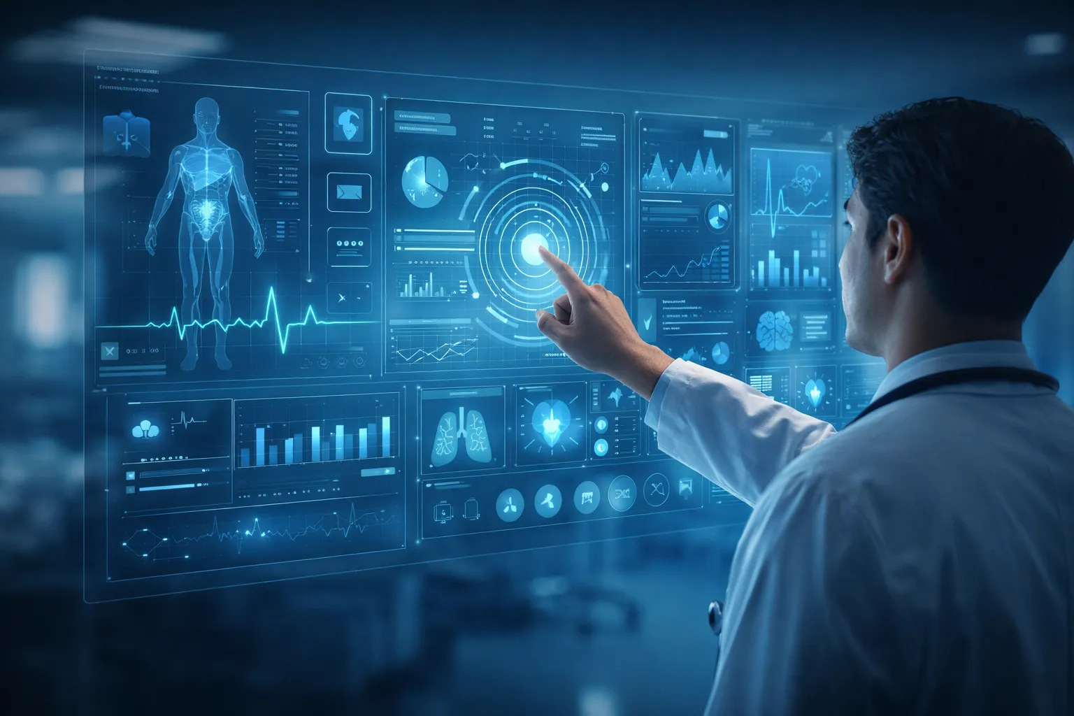 Doctor interacting with a holographic medical dashboard displaying patient data, ECG charts, and analytics in a modern hospital environment with blue clinical lighting.