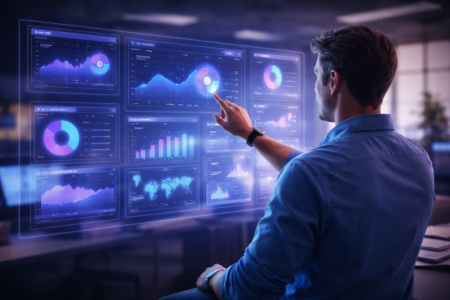 Developer interacting with a holographic SaaS dashboard displaying user analytics, graphs, and product metrics in a modern office with blue and purple lighting.