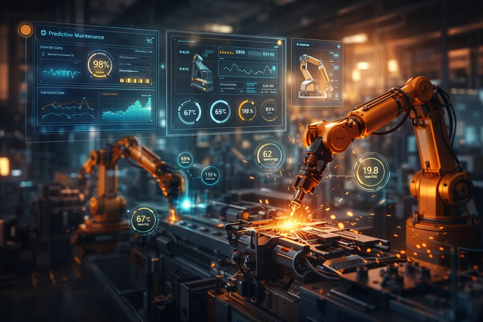 Smart factory floor with robotic arms operating alongside holographic dashboards showing sensor data and predictive maintenance insights in an automated industrial environment.