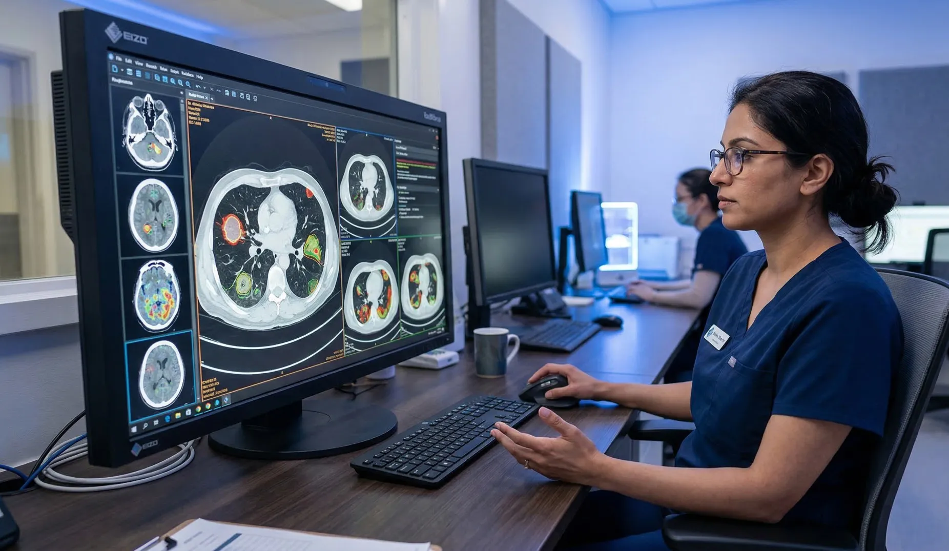 A radiologist reviewing AI-assisted medical image analysis with color-highlighted diagnostic overlays on CT and brain scans in a clinical radiology environment.