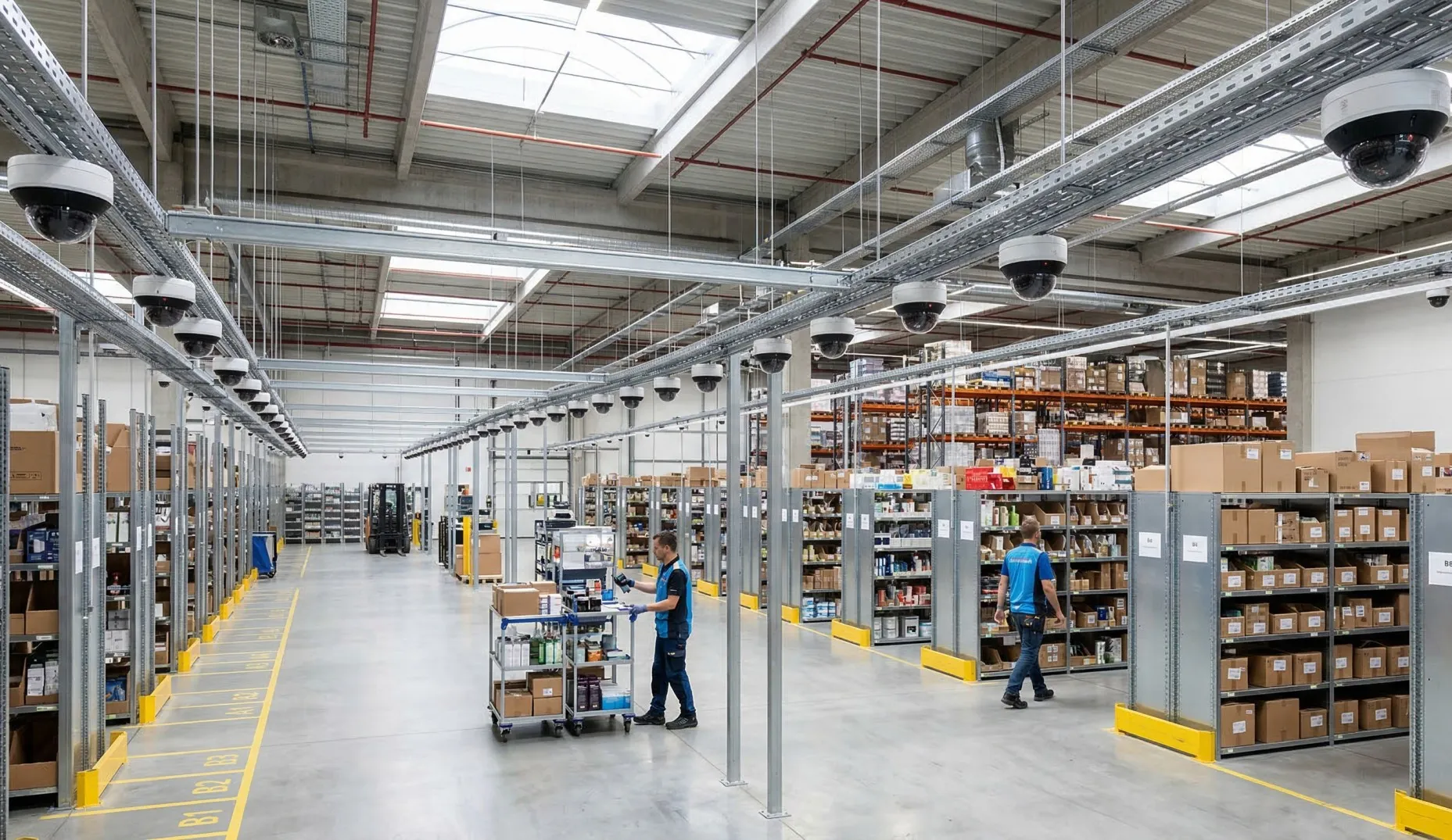 A modern warehouse with multiple overhead AI cameras monitoring inventory and workers across aisles for visual tracking and operational oversight.