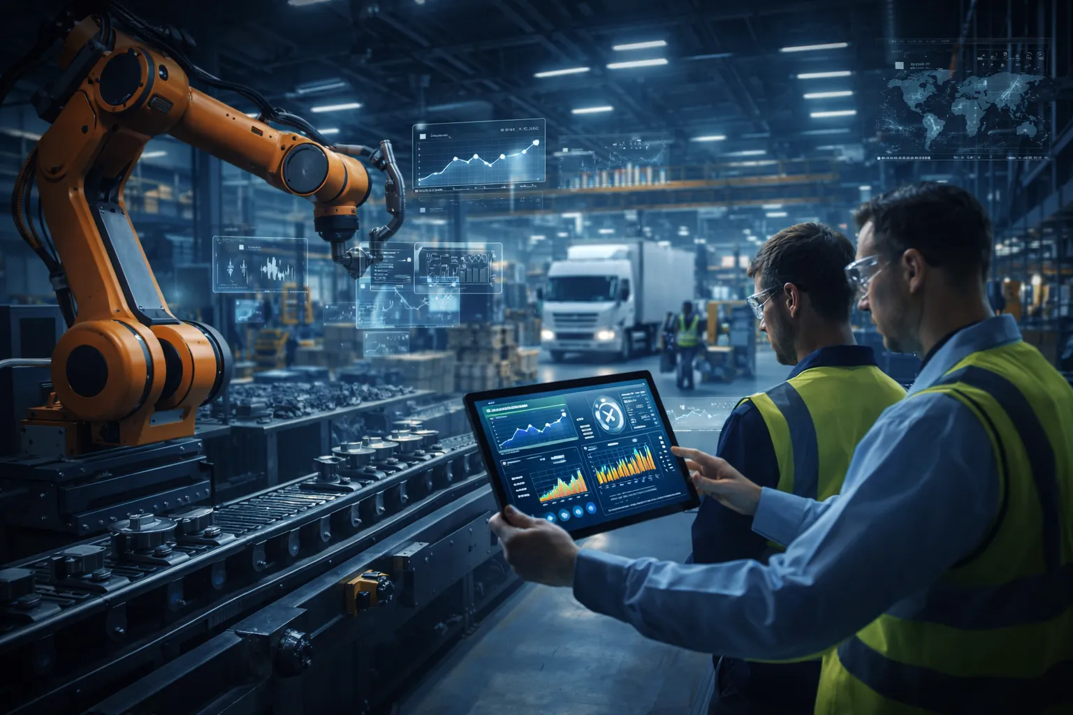 Engineers in a manufacturing facility using AI analytics on a tablet to monitor predictive maintenance, production performance, and logistics operations