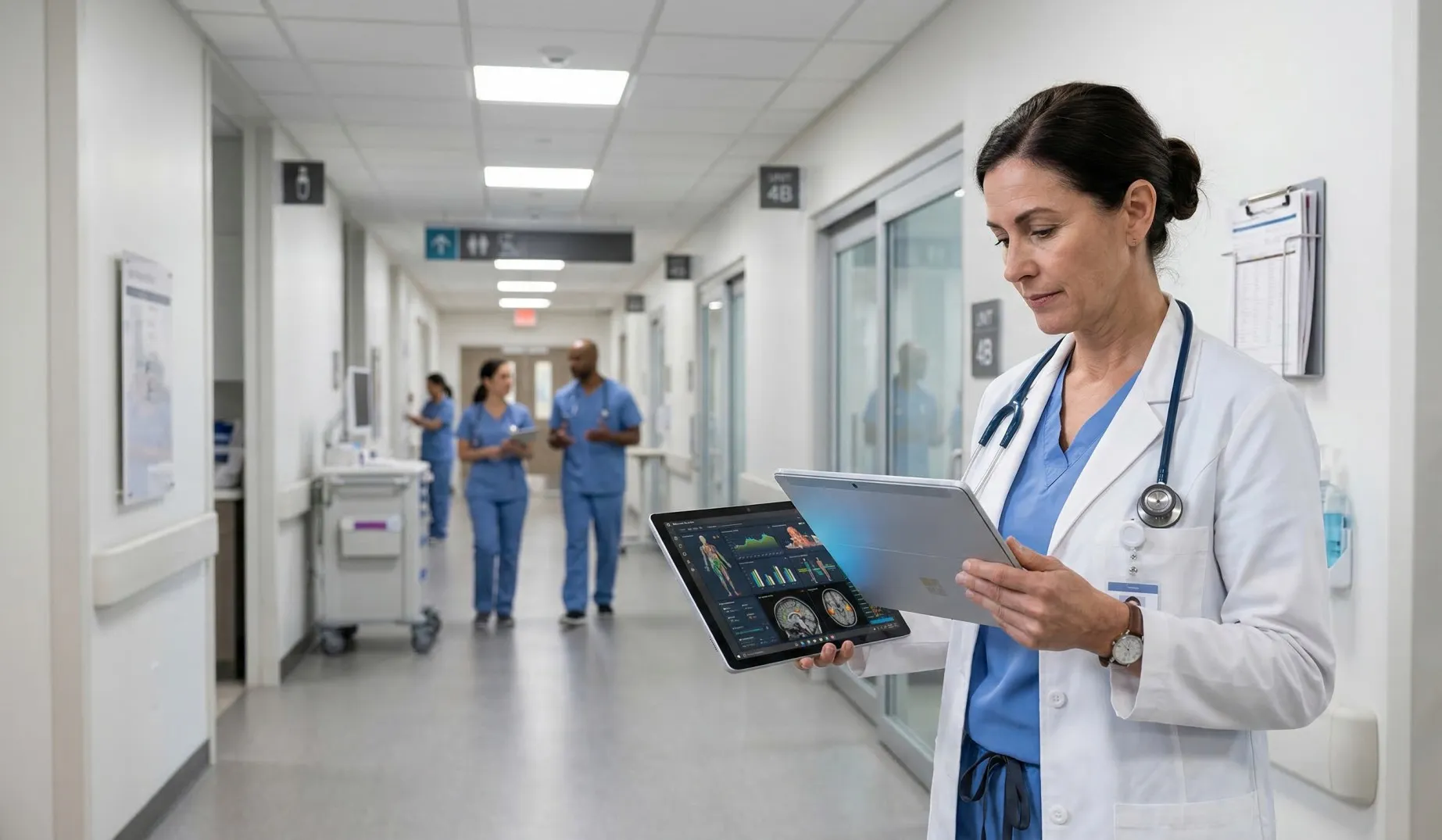 A doctor reviewing AI-assisted clinical diagnostic insights and medical imaging analytics on a tablet in a modern hospital corridor.