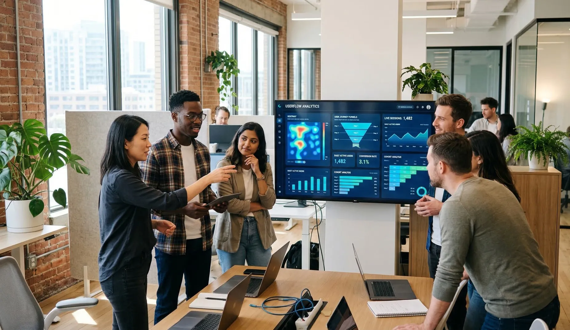A SaaS product team reviewing AI-powered user behavior analytics, conversion funnels and live session data on a dashboard screen in a modern tech office.