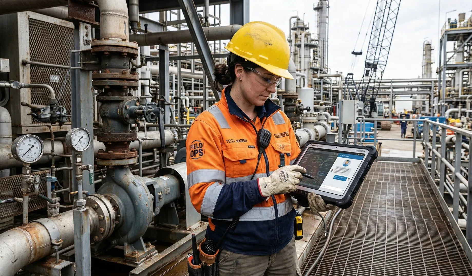 A field technician using an AI knowledge assistant on a rugged tablet for operational reporting and incident prediction at an industrial facility.